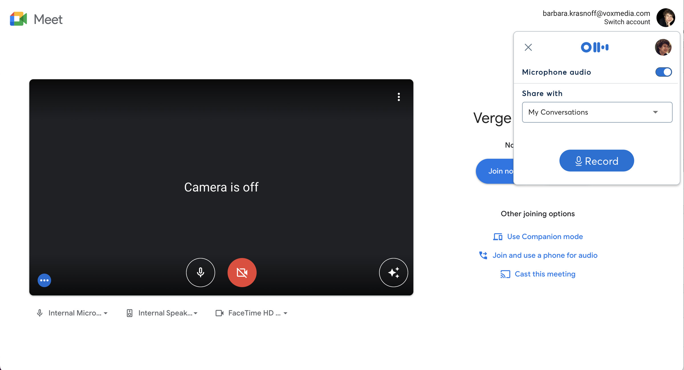 Meet page with a blank video screen labeled “Camera is off” in center, and a pop-up box on the right with a large blue Record button.