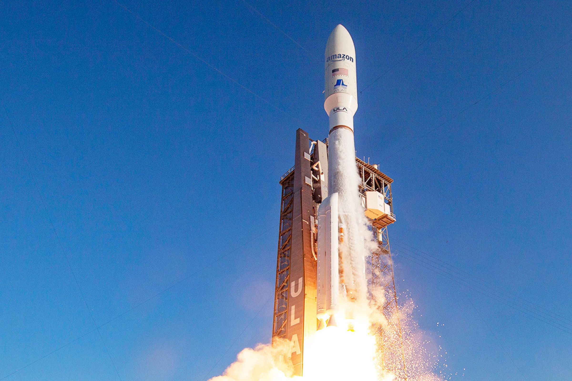 A photo showing Project Kuiper satellites being launched into space