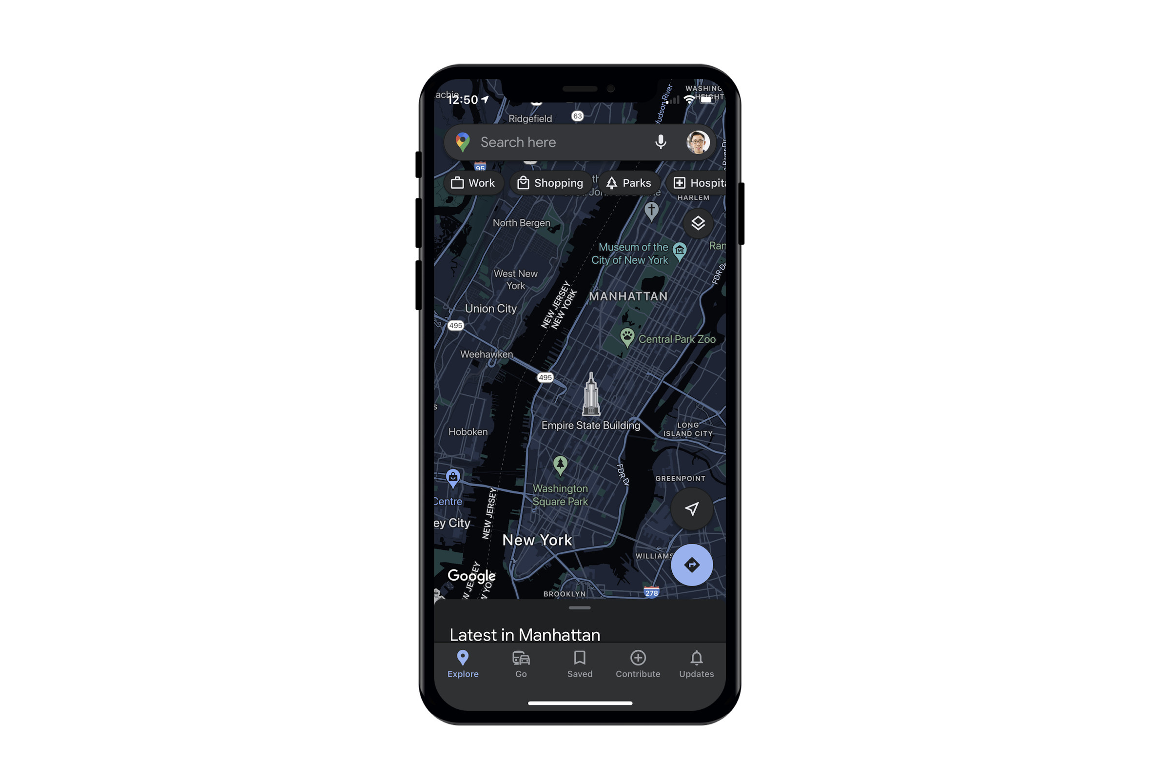 Google Maps’ dark mode on iOS. 