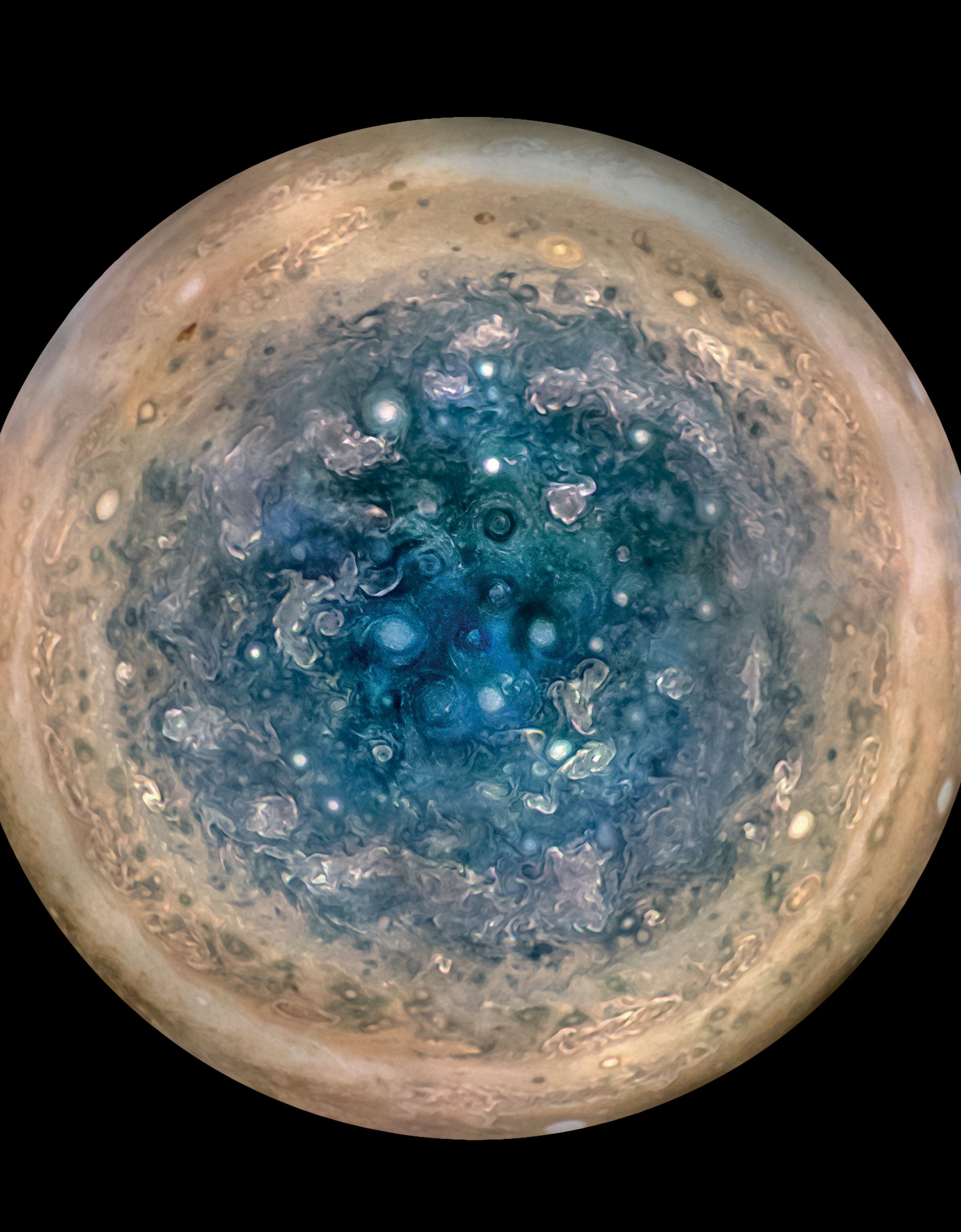 Jupiter’s south pole, taken by Juno 32,000 miles up.