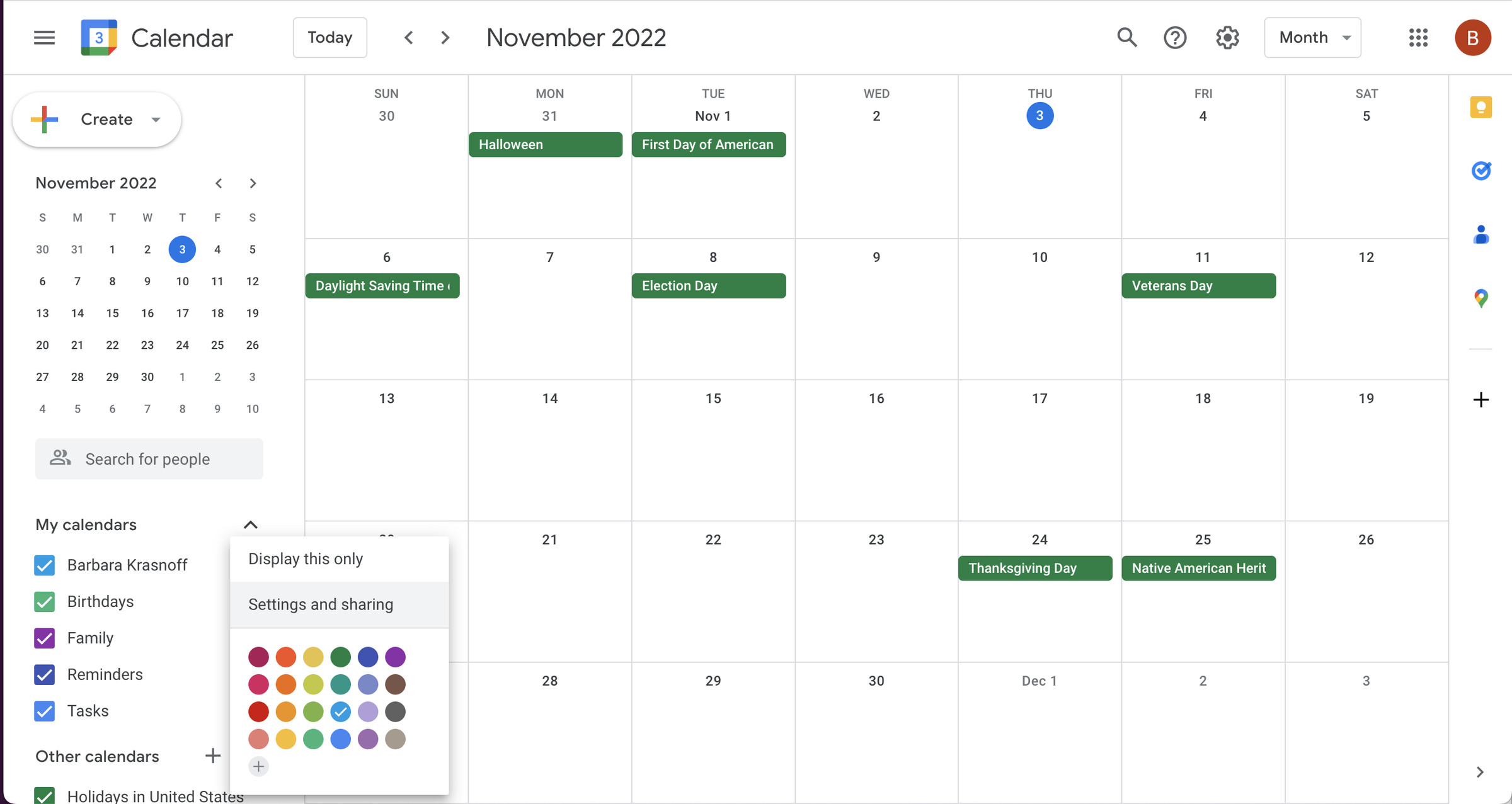 Google calendar with pop-out showing “Settings and sharing” menu selection.