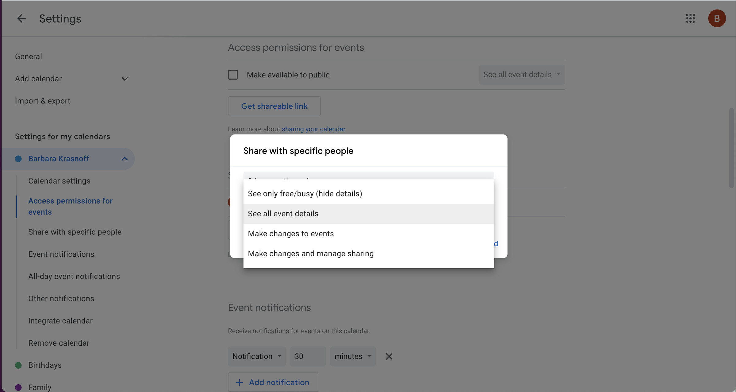 Settings for Google Calendar with pop-up box showing permissions to share with specific people.