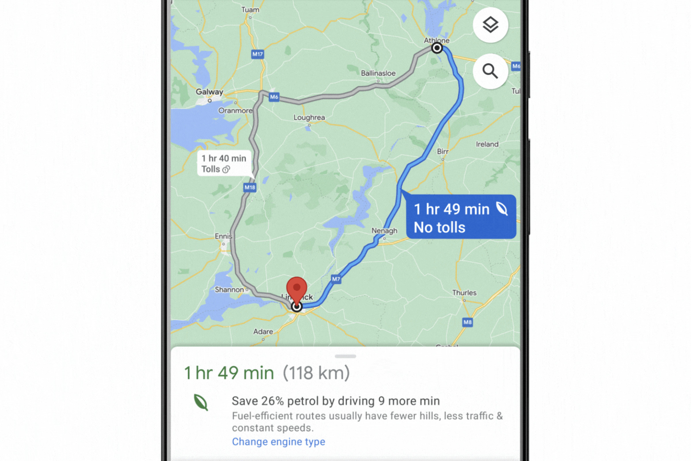 Image of Google Maps displaying an eco-friendly route, along with information on how much gas it’ll use compared to a less fuel-efficient route.