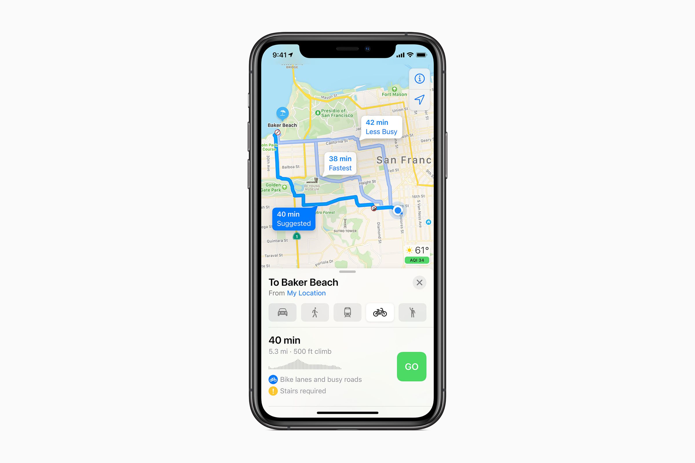 Cycling directions in Apple Maps give you information about how busy a route is.