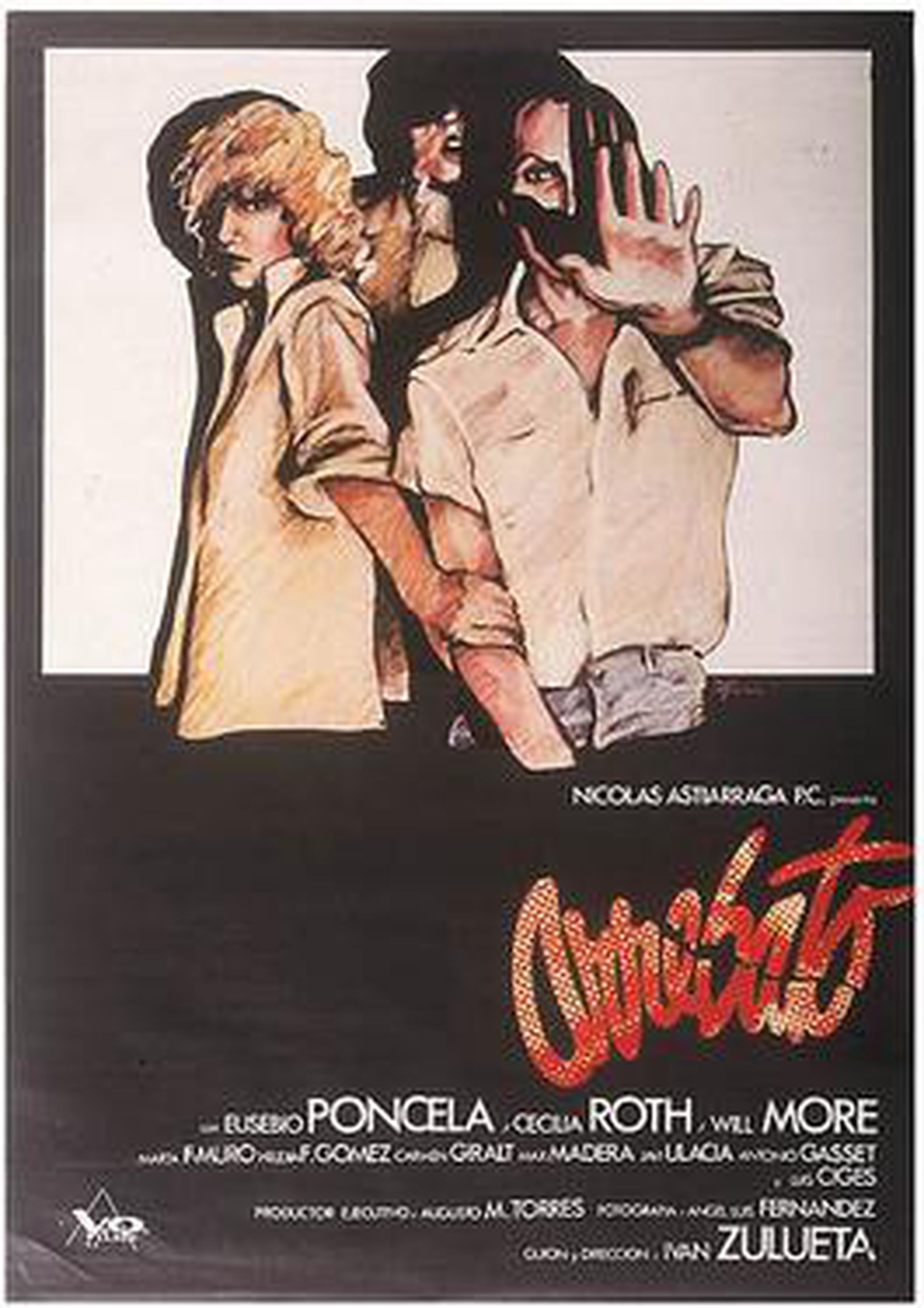 Poster for Arrebato showing man with his hand out, and two women