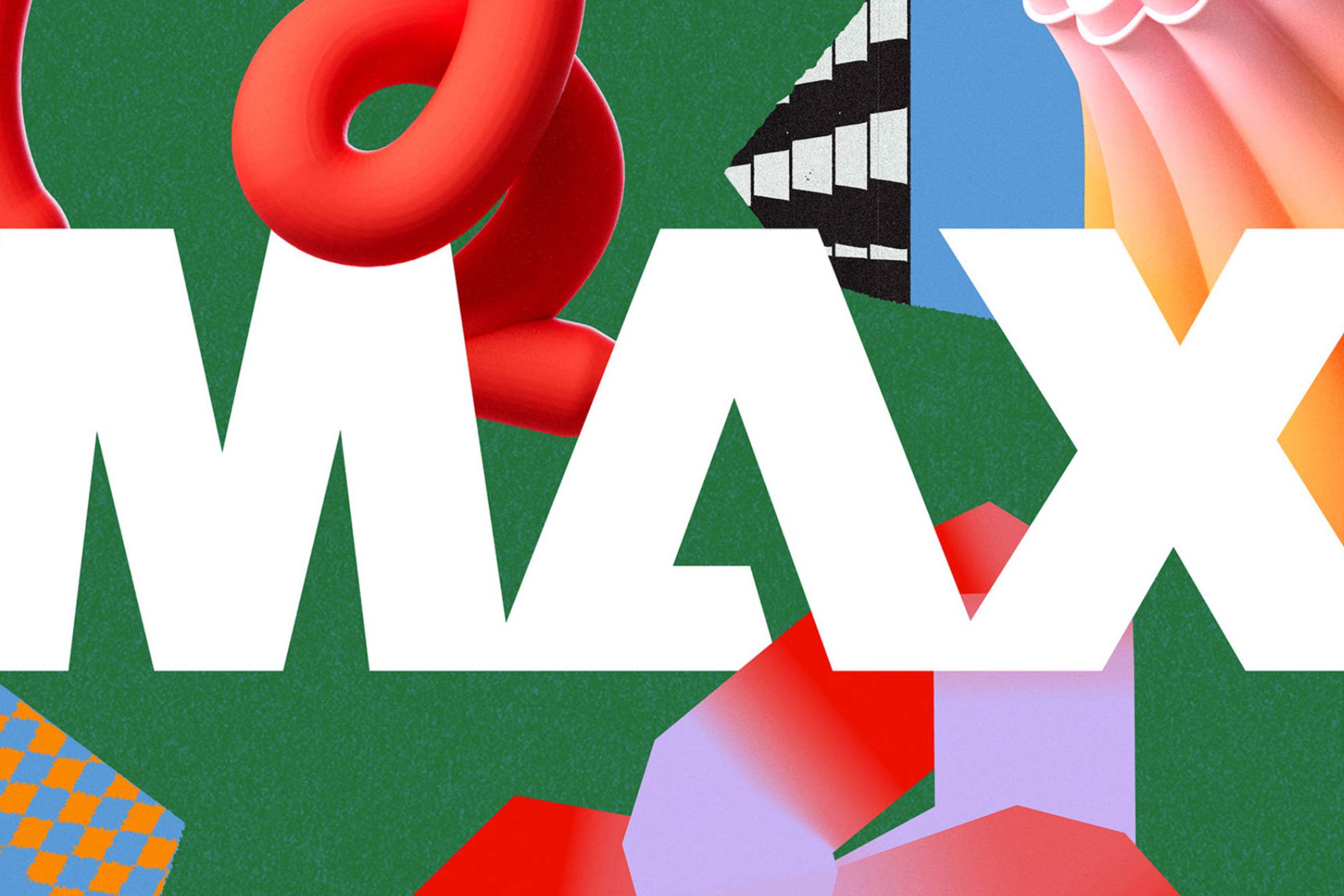 Adobe Max logo surrounded by various graphics and shapes.