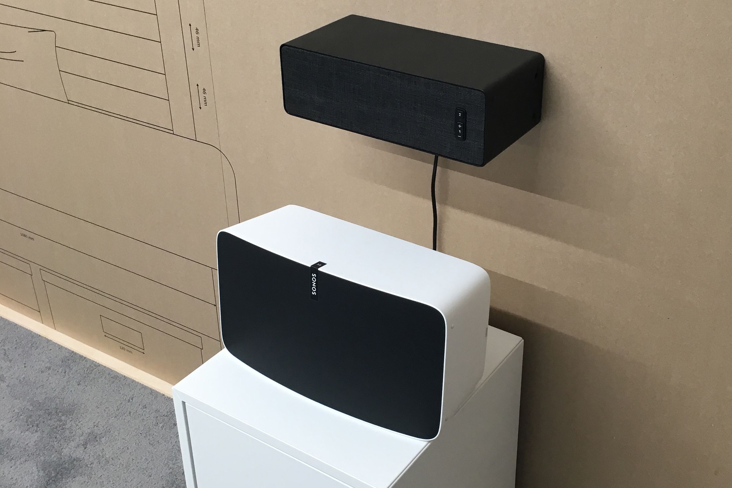 Prototype Ikea speaker attached to wall above Sonos  Play:5.