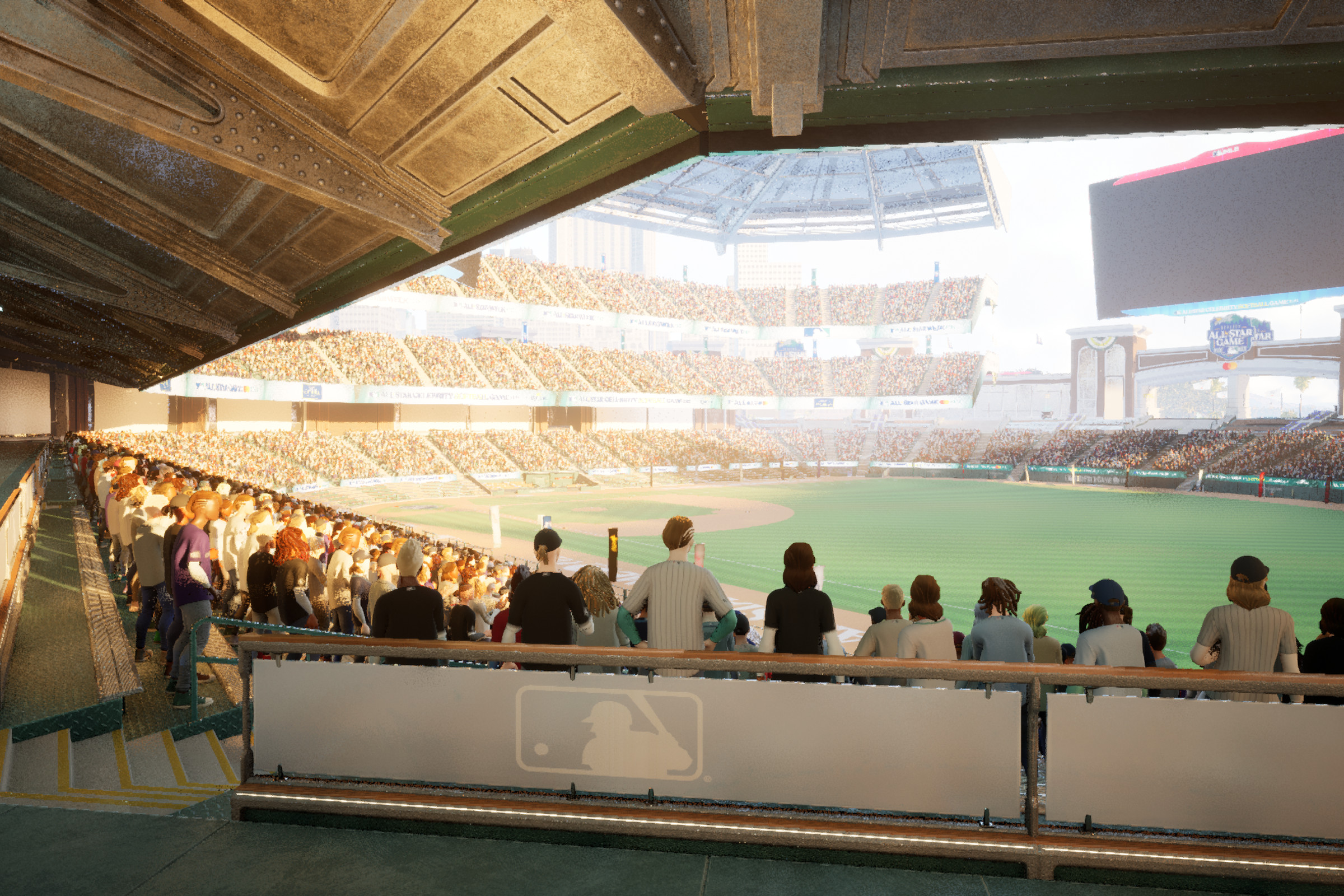A screenshot of the virtual ballpark, showing avatars in the stands, the baseball field, and the screen on which video content will be streamed.