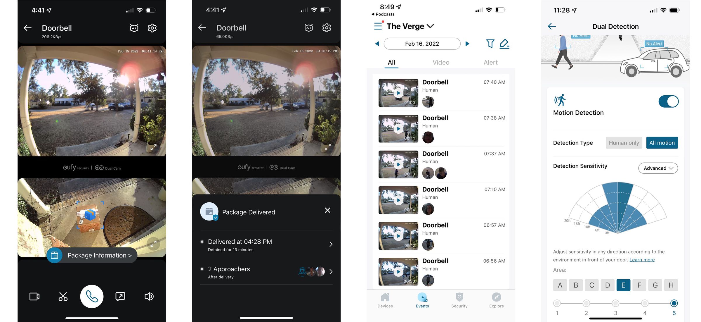 The Eufy doorbell uses AI features to keep watch over packages and shows recent events around the delivery. The Events tab is where you view recorded footage, and there are lots of settings to tinker with to get optimal detection.