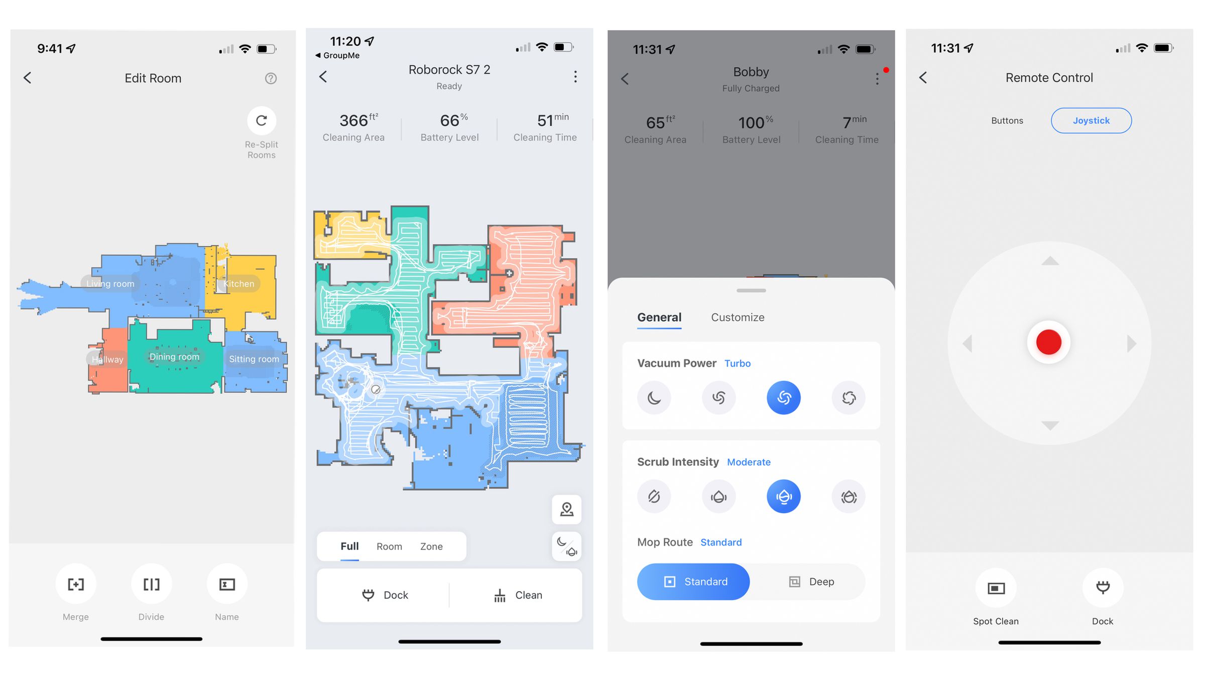 The Roborock app has multi-level mapping with room identification and a real-time navigation view. You can customize how the vacuum cleans, and even control it with a joystick feature so you can harass your cat.