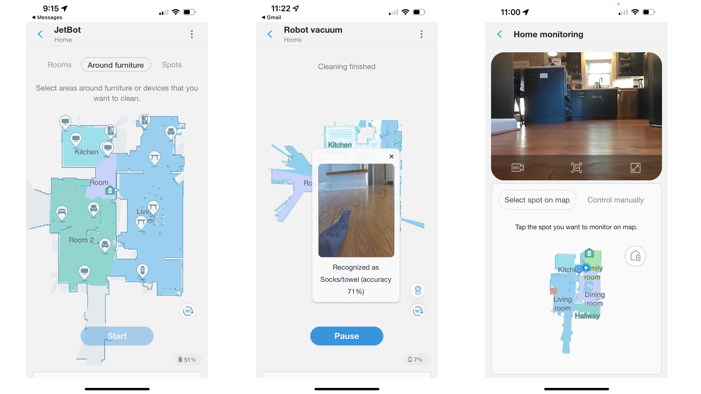 The Jet Bot is controlled through the SmartThings app. The map shows the layout of the test space, including furniture and appliances it thinks are there. It also pops up an image of any obstacle in the cleaning report. You can also view the robot’s camera feed here. 
