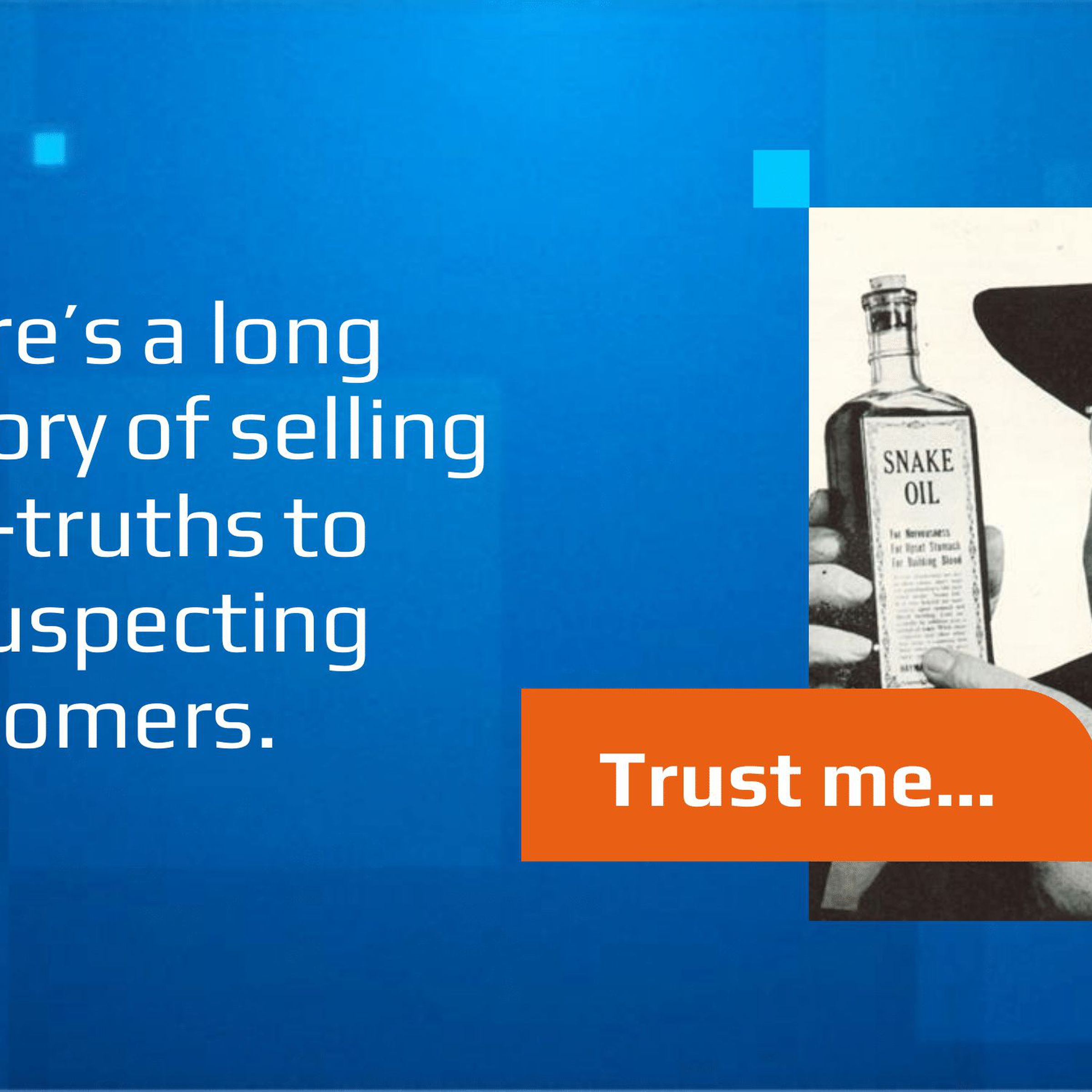 A slide in an Intel presentation with an image of snake oil salesperson