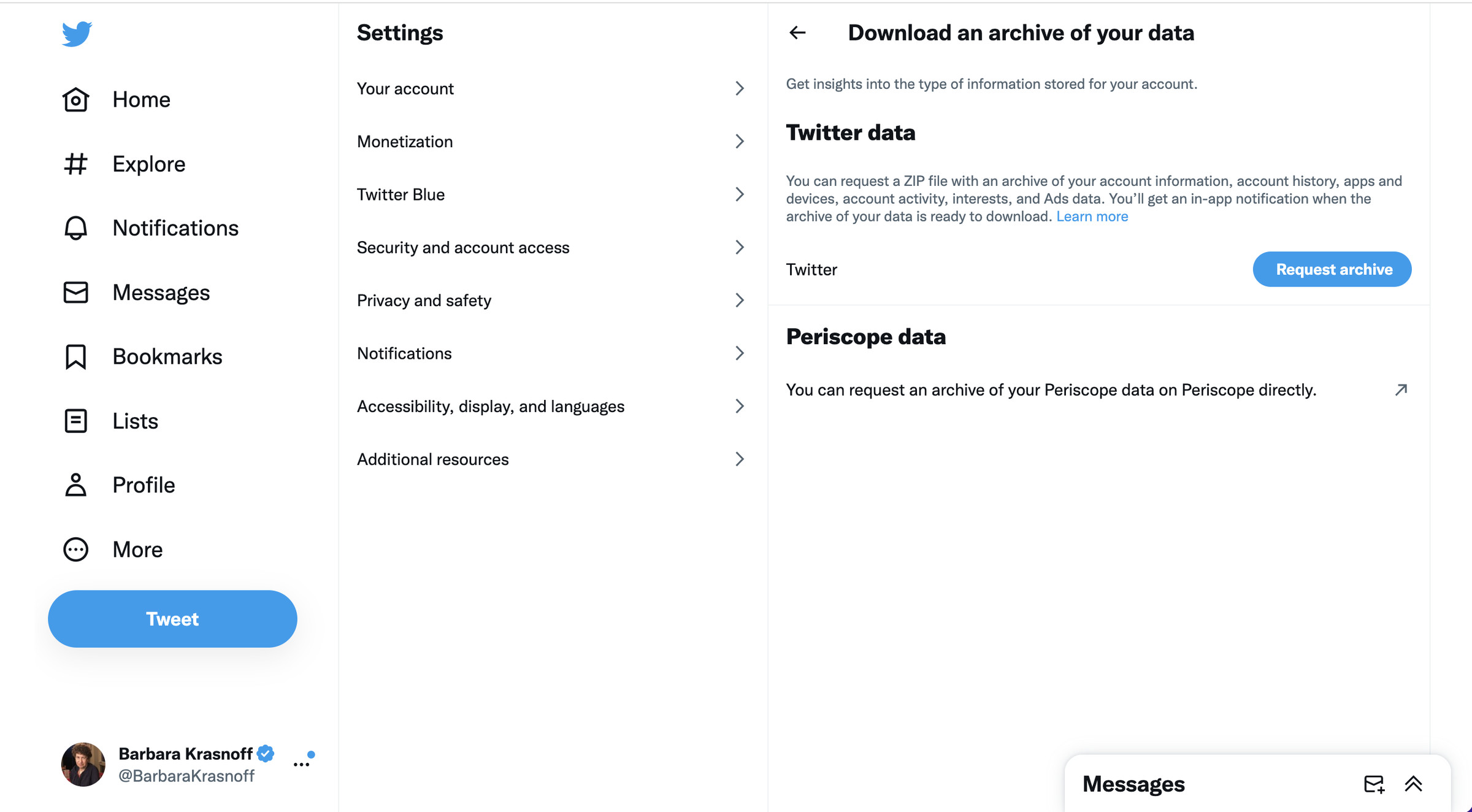 Twitter settings page showing directions for downloading your Twitter archive in the right hand column.
