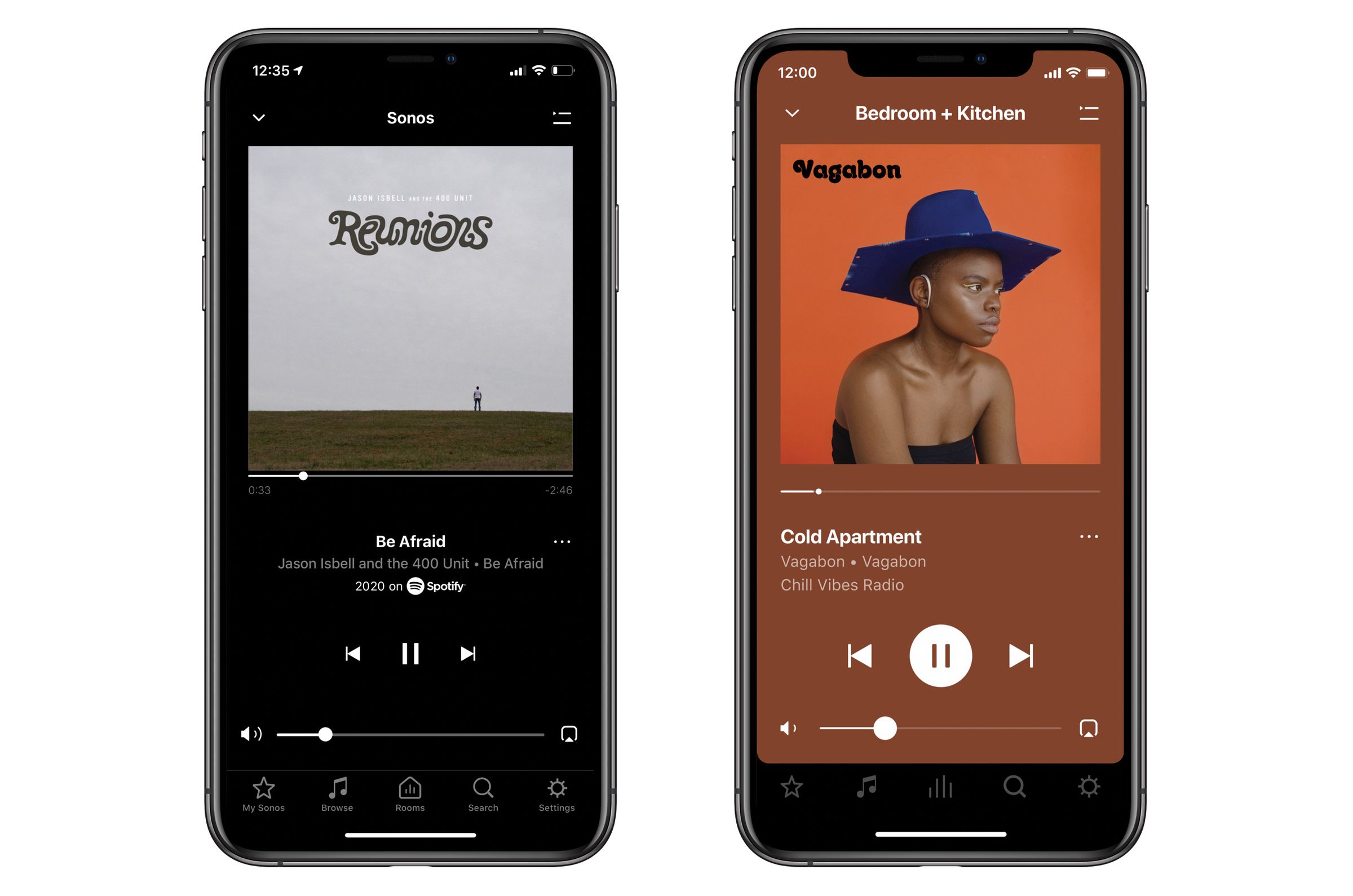 The current Sonos app (left) and upcoming Sonos S2 app (right).