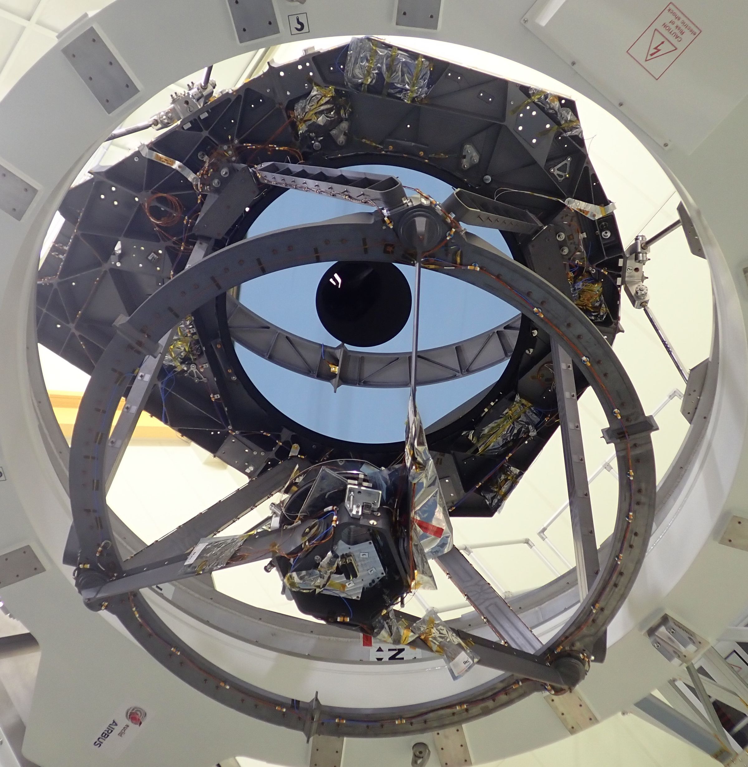 The 1.2-m diameter main mirror of ESA’s Euclid mission to unveil the dark Universe, seen during assembly, integration and testing.