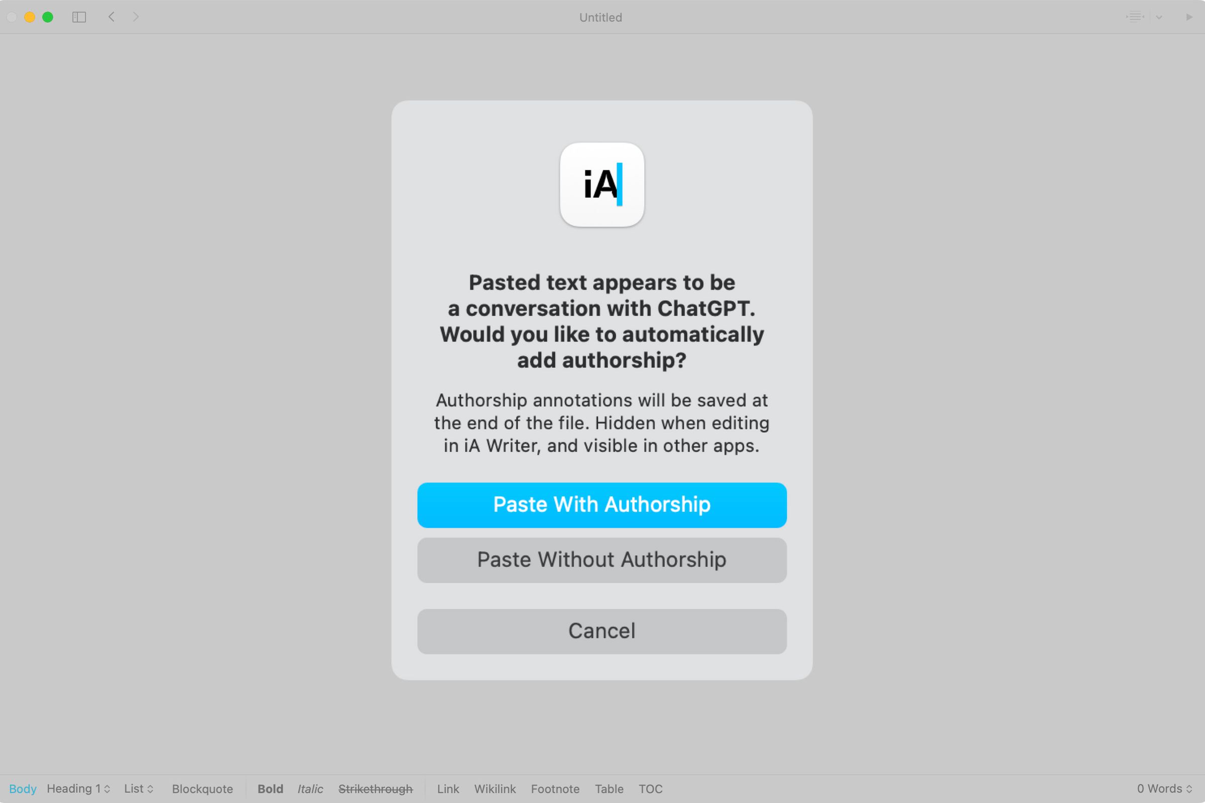 A dialog box asking if you’d like to paste in text “with authorship.”
