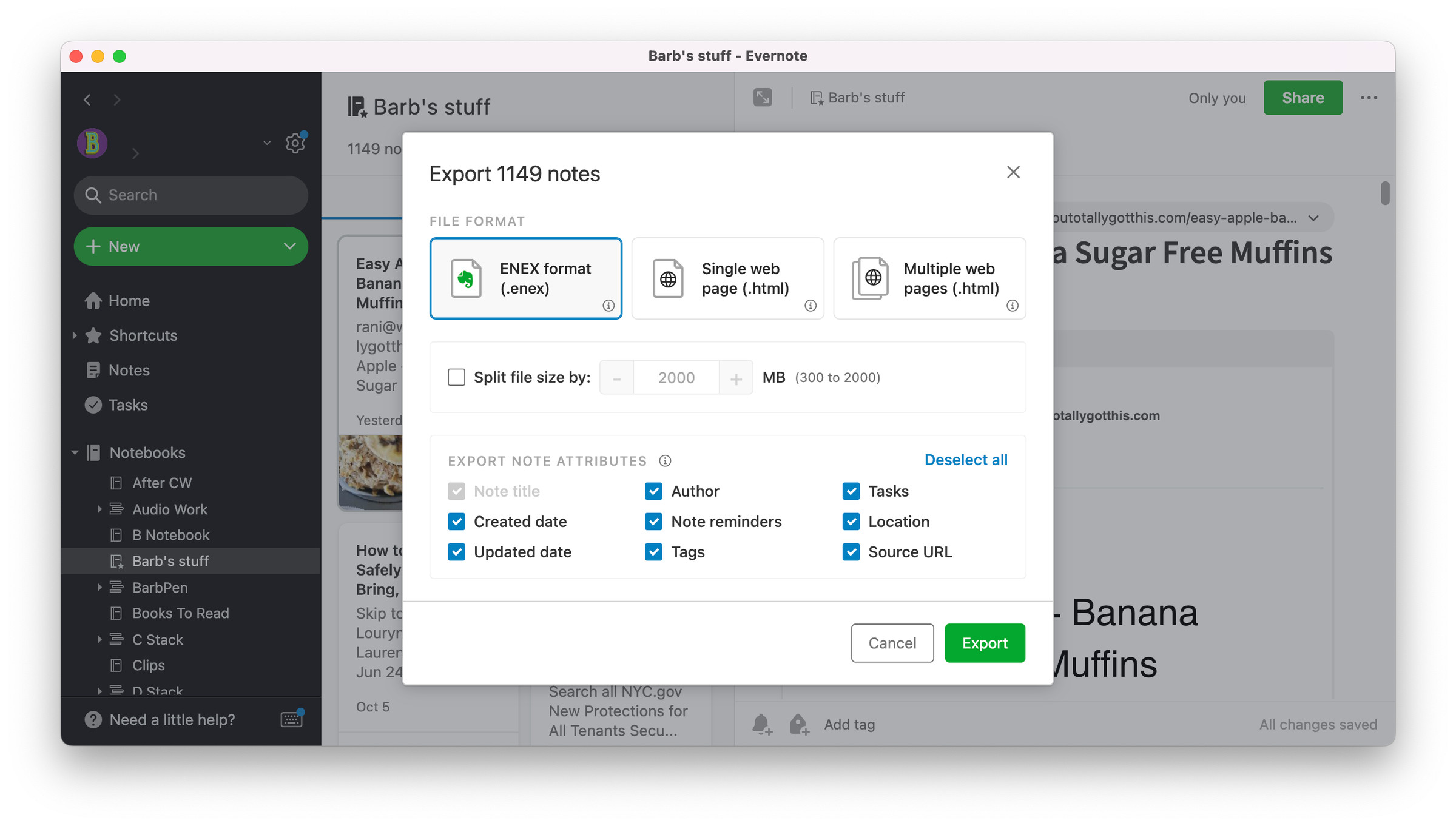 Pop-up window over Evernote offering different choices for exporting a notebook.