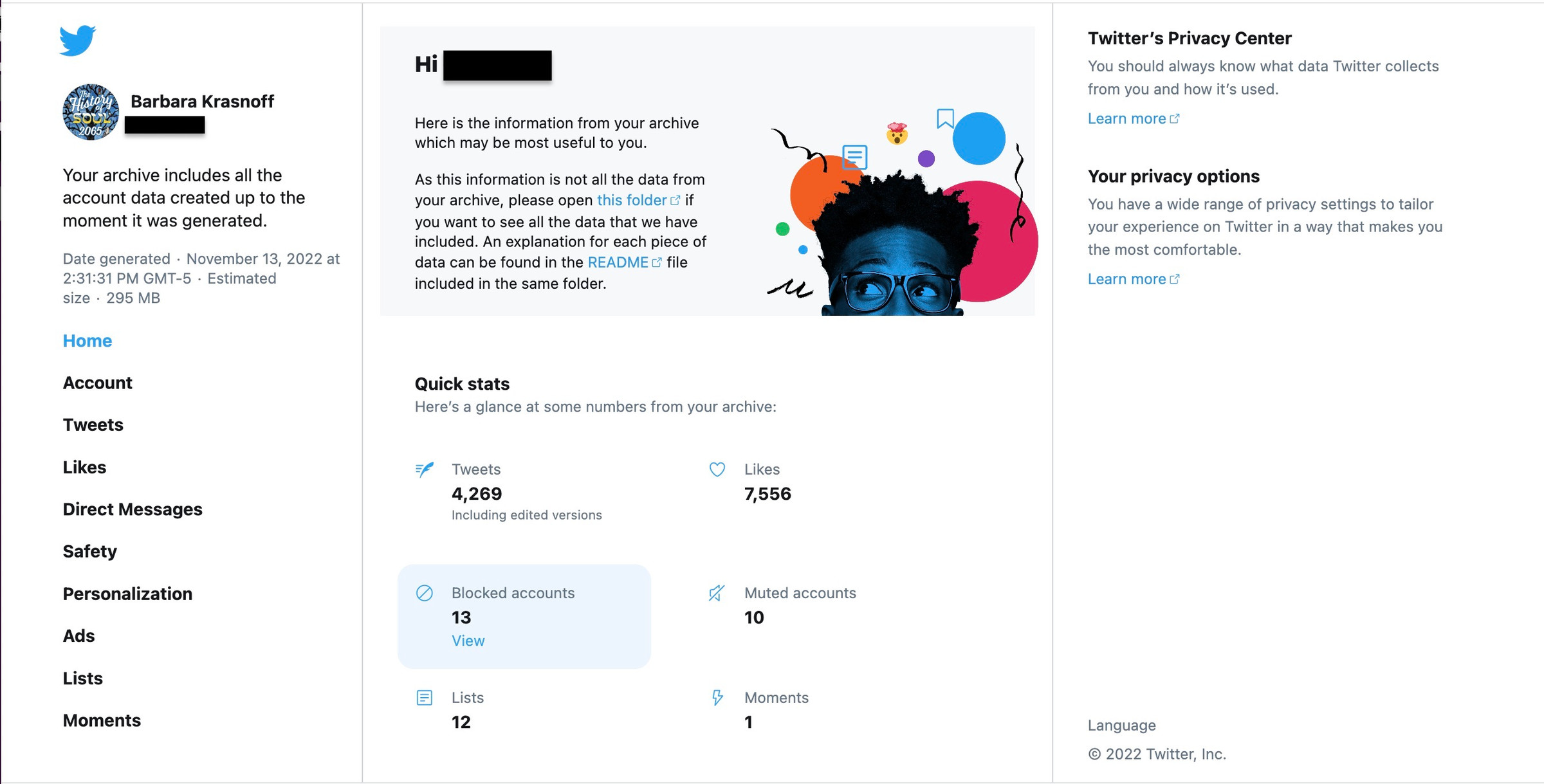A web page showing various stats for the downloaded Twitter files in the center, a list of file types on the left, and notes about privacy on the right.