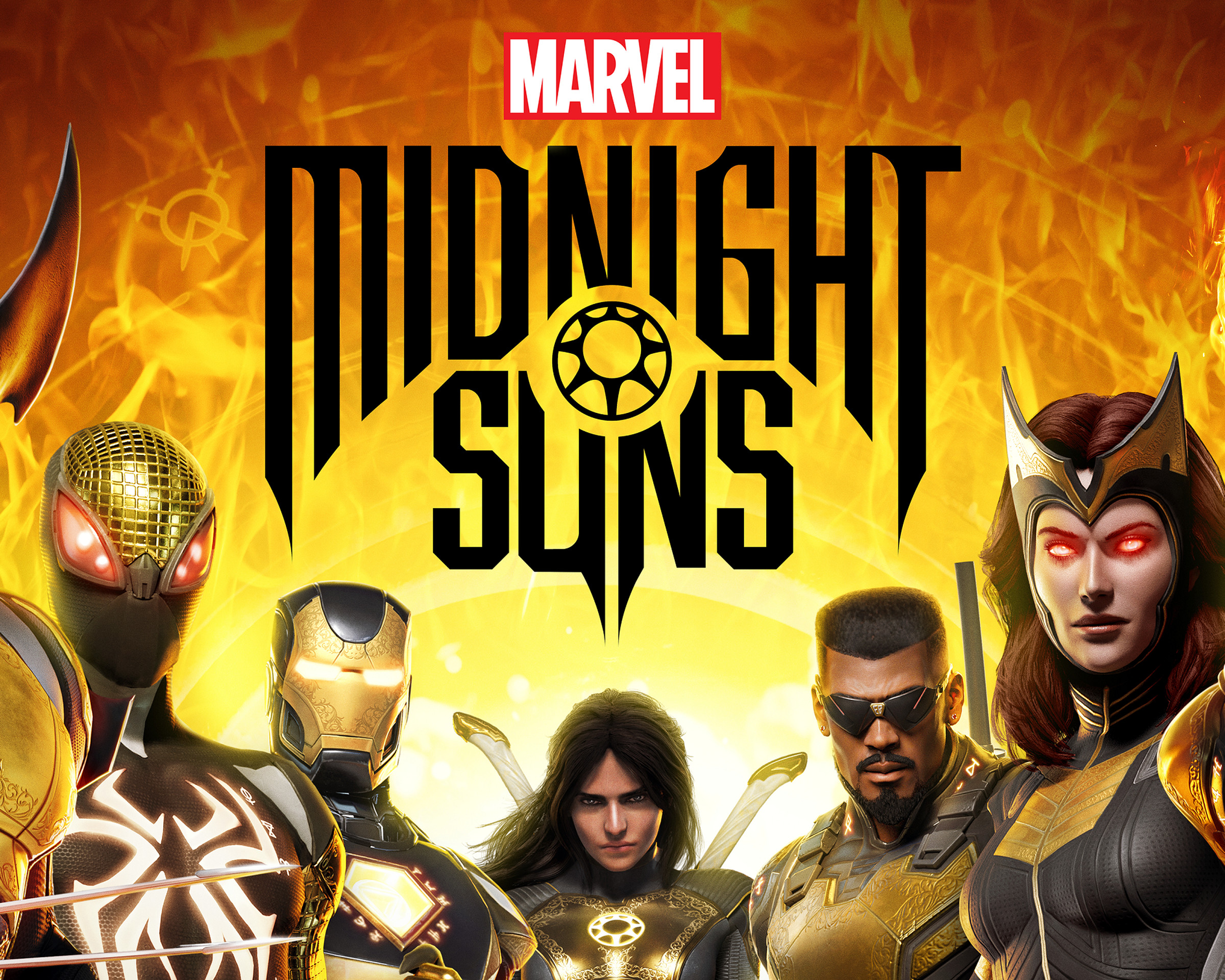 Key art from Marvel’s Midnight Suns featureing Wolverine, Spiderman, Iron Man, Blade, Scarlet Witch, and Ghost Rider flanking the player character called The Hunter in the center under the game’s logo.