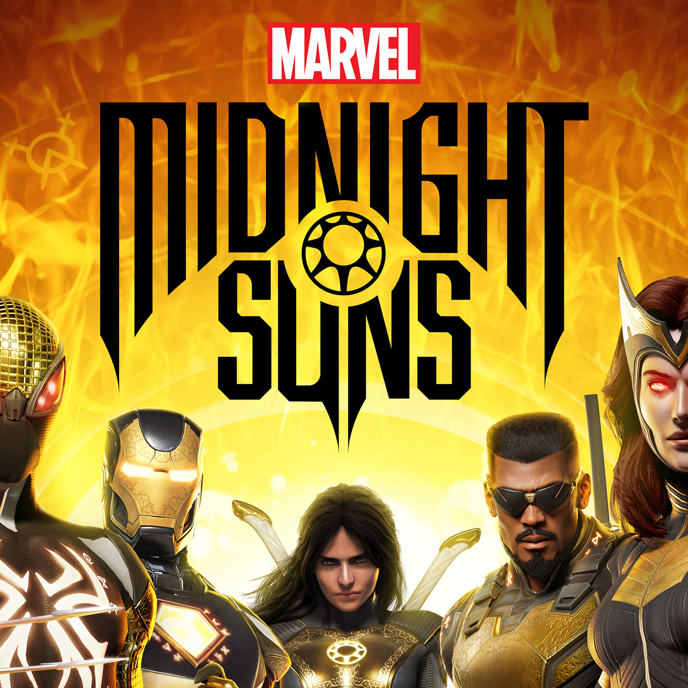 Key art from Marvel’s Midnight Suns featureing Wolverine, Spiderman, Iron Man, Blade, Scarlet Witch, and Ghost Rider flanking the player character called The Hunter in the center under the game’s logo.