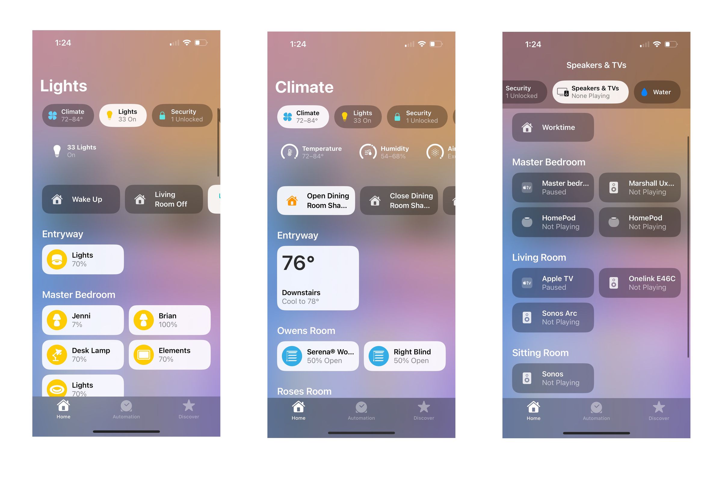 New shortcut buttons at the top of the Home View quickly show only specific device types, including Lights, Climate, Speakers & TV, as well as Security, and Water.