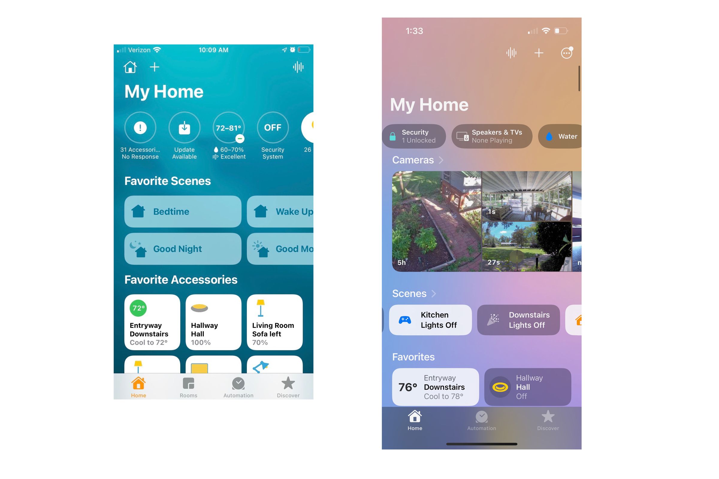 The old Home app (on an iPhone SE) and the new Home app (on an iPhone 13).