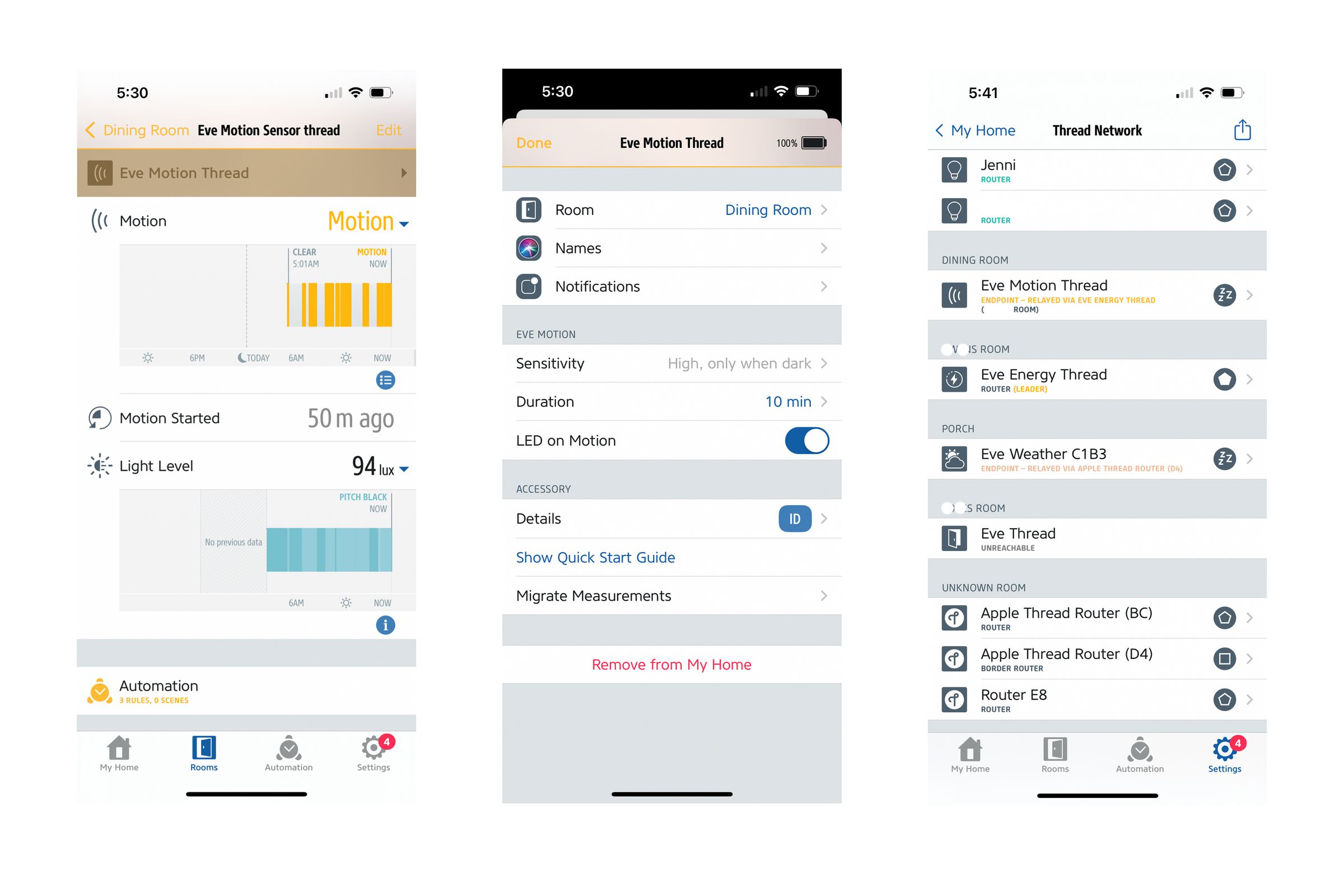 Eve’s app offers more advanced automations, data insight, and an overview of your Thread network. It shows all HomeKit devices — not just Eve products. 