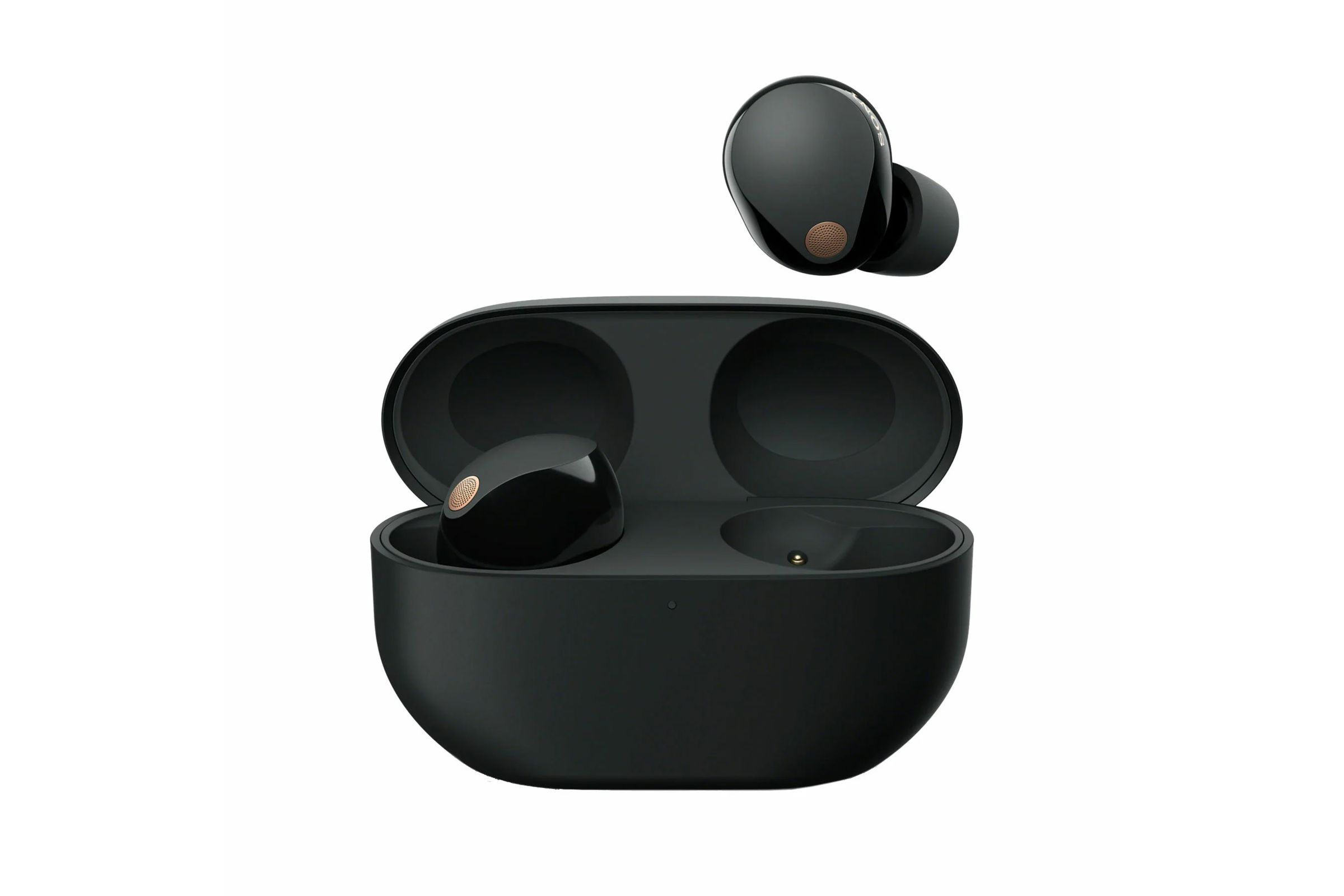 True wireless earbud charging case with one earbud removed