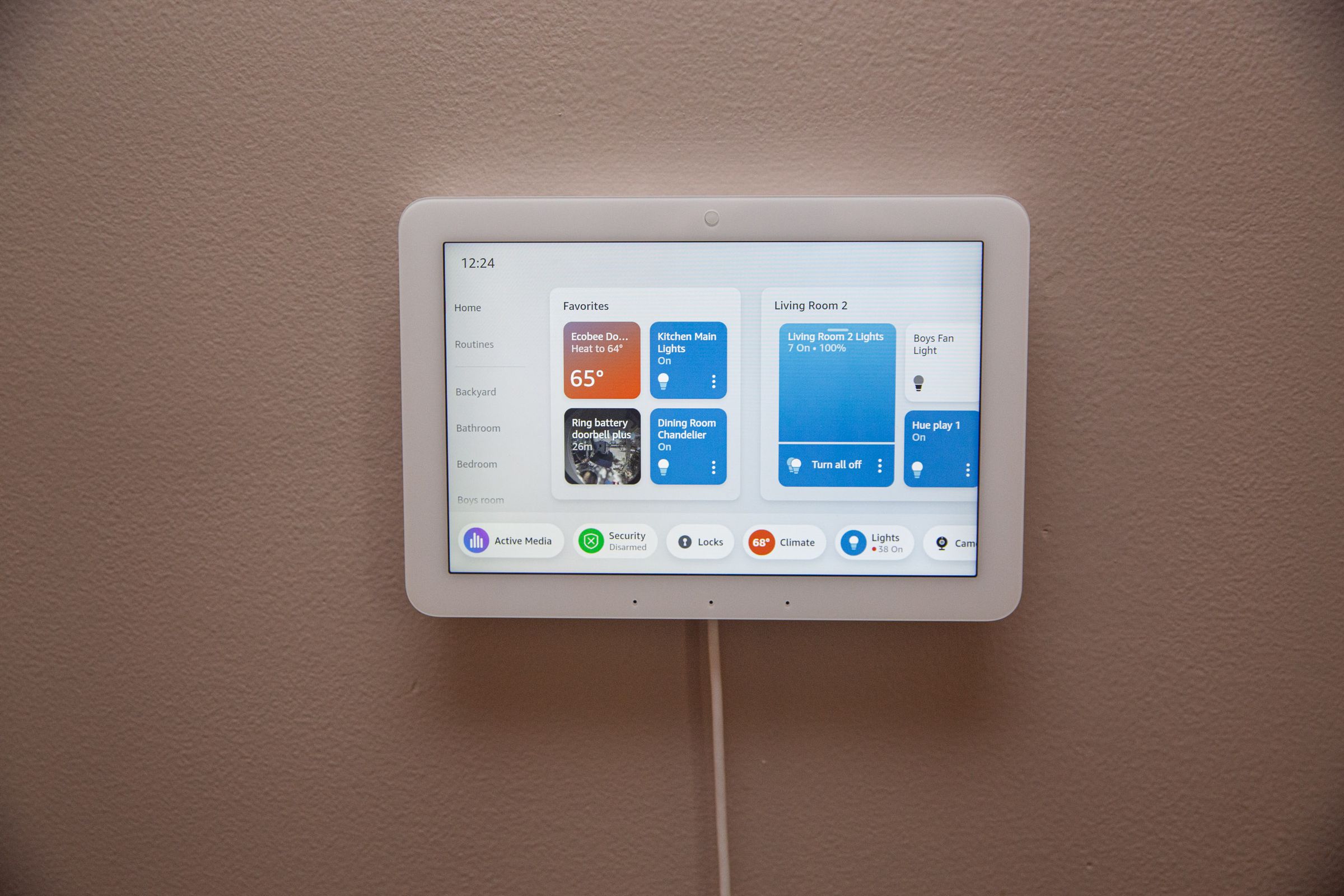 An Echo Hub touchscreen display on a wall.
