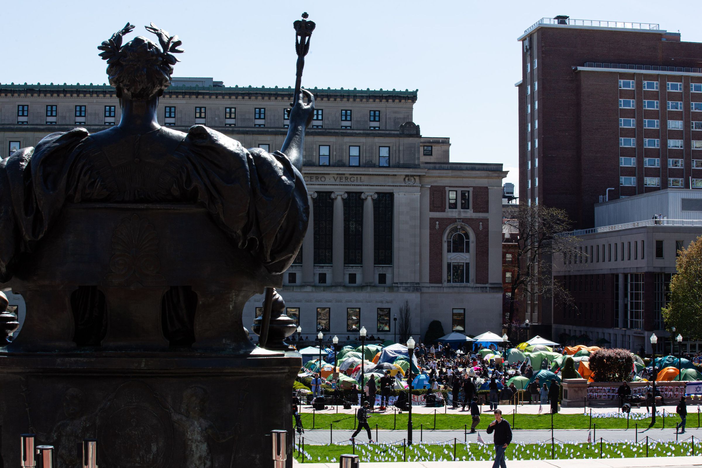 A photo of the student encampment on the quad of Columbia University, protesting the university’s ties to Israel.