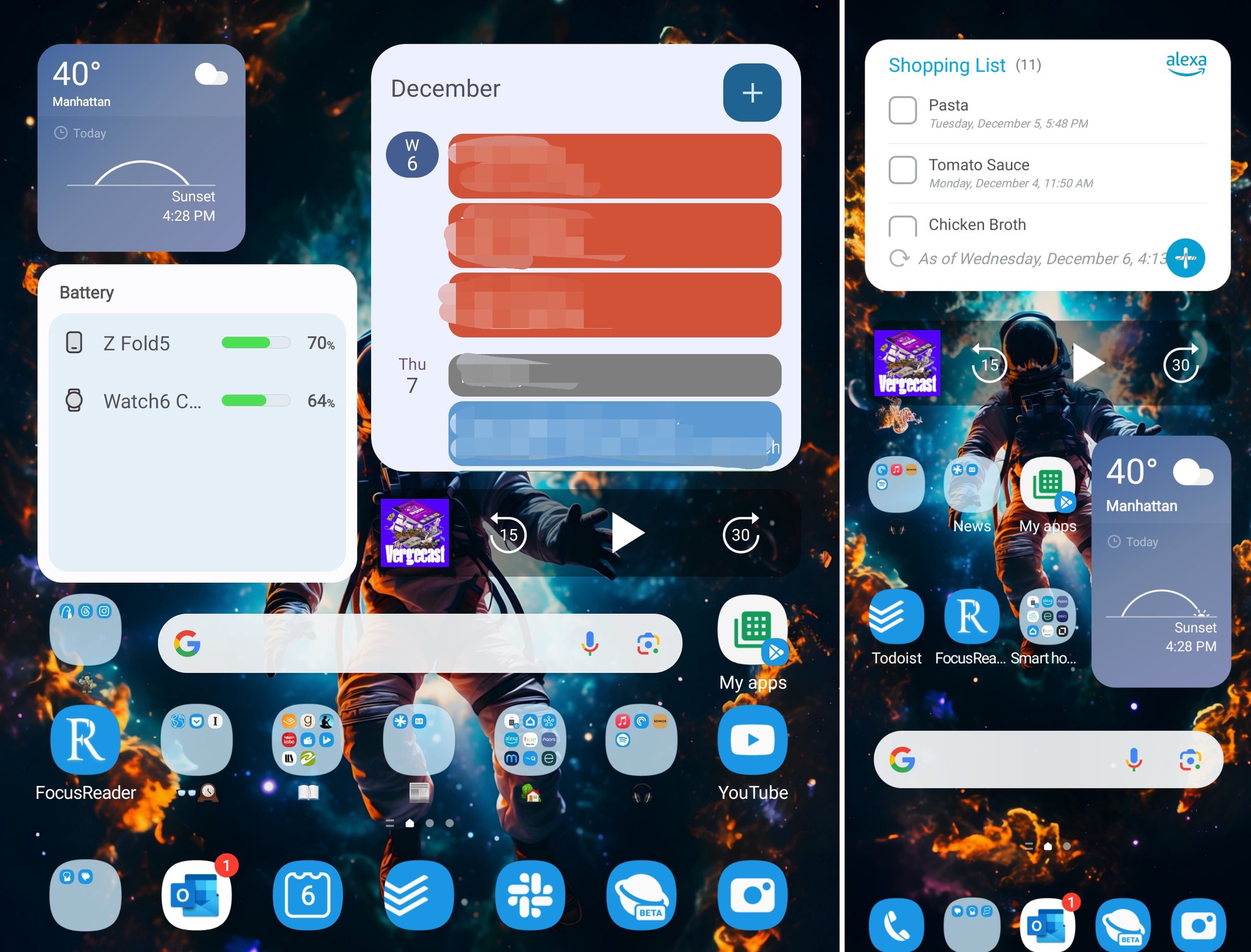 Two screenshots of a Samsung Z Fold 5 homescreen.