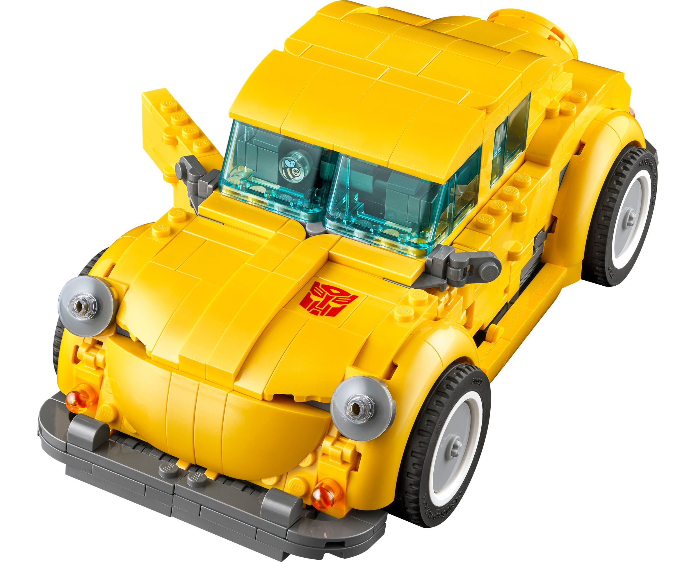 Lego Bumblebee in vehicle mode with the passenger side door opened.