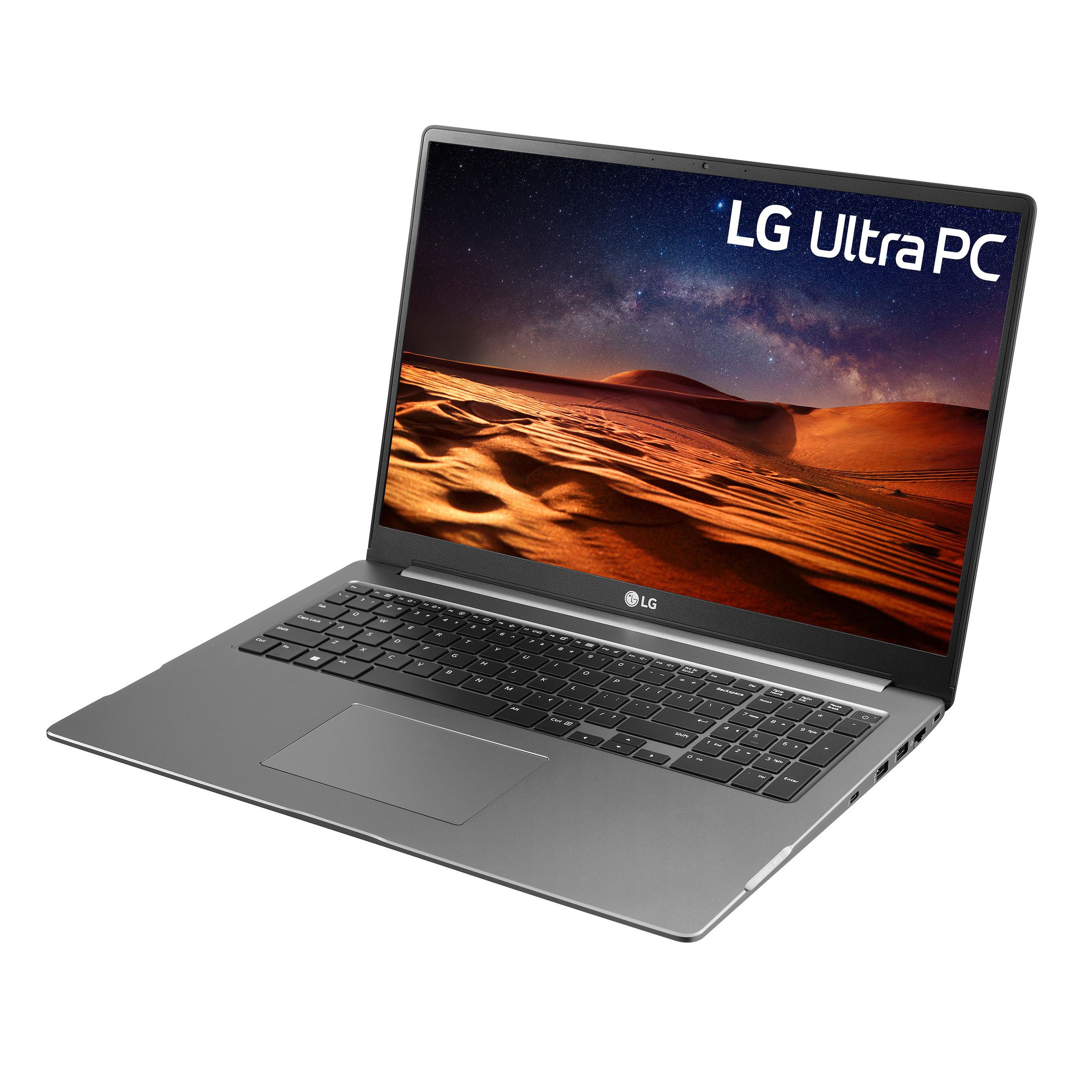 An LG Ultra PC model on a white background open. The screen displays a night desert scene with LG UltraPC printed in the top right corner.