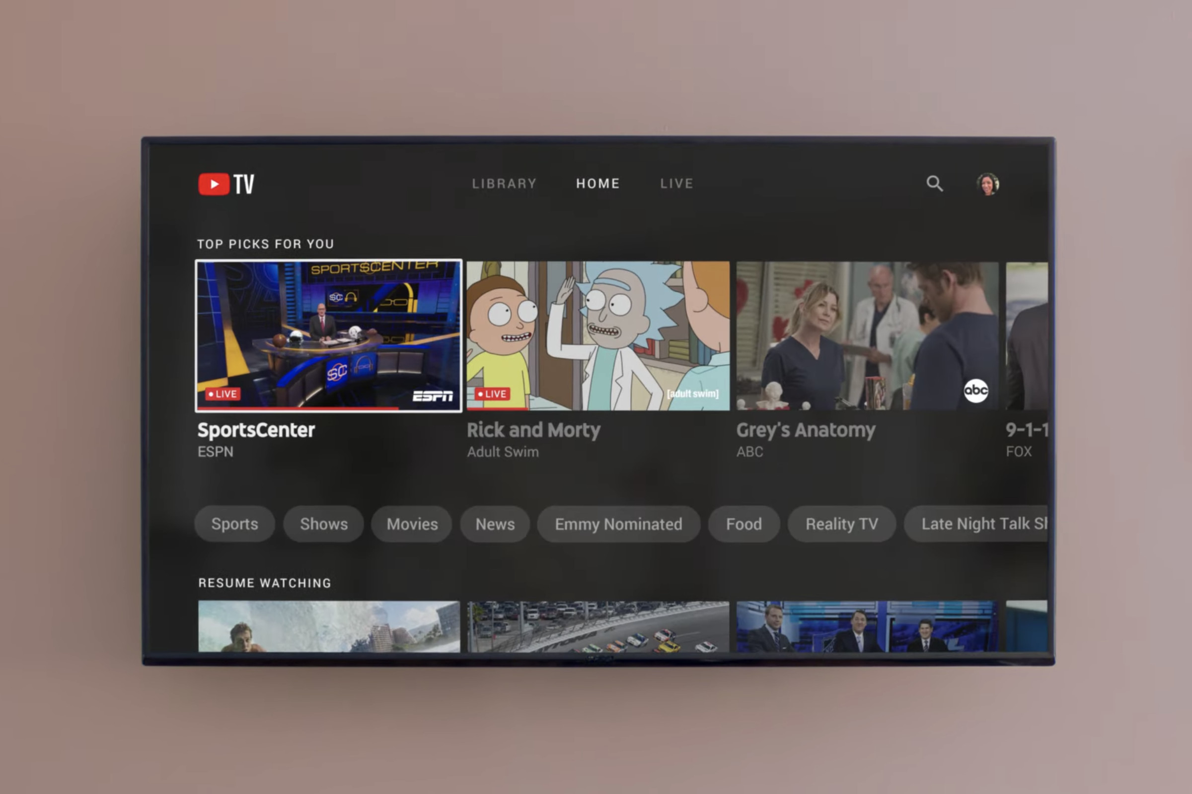 YouTube TV’s interface as of February 2021.