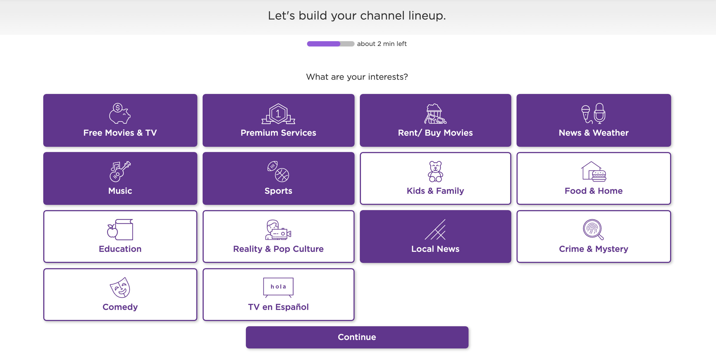 Roku makes streaming app suggestions based on your selections at setup.
