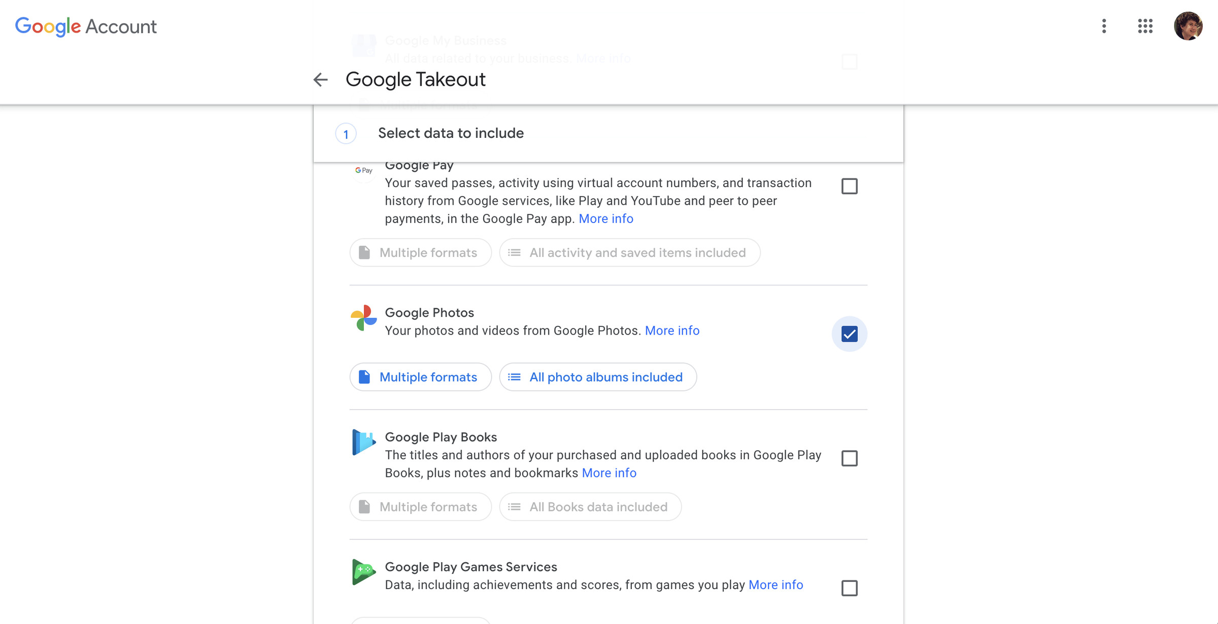 Once you’re in Google Takeout, scroll down the Google Photos and select it.