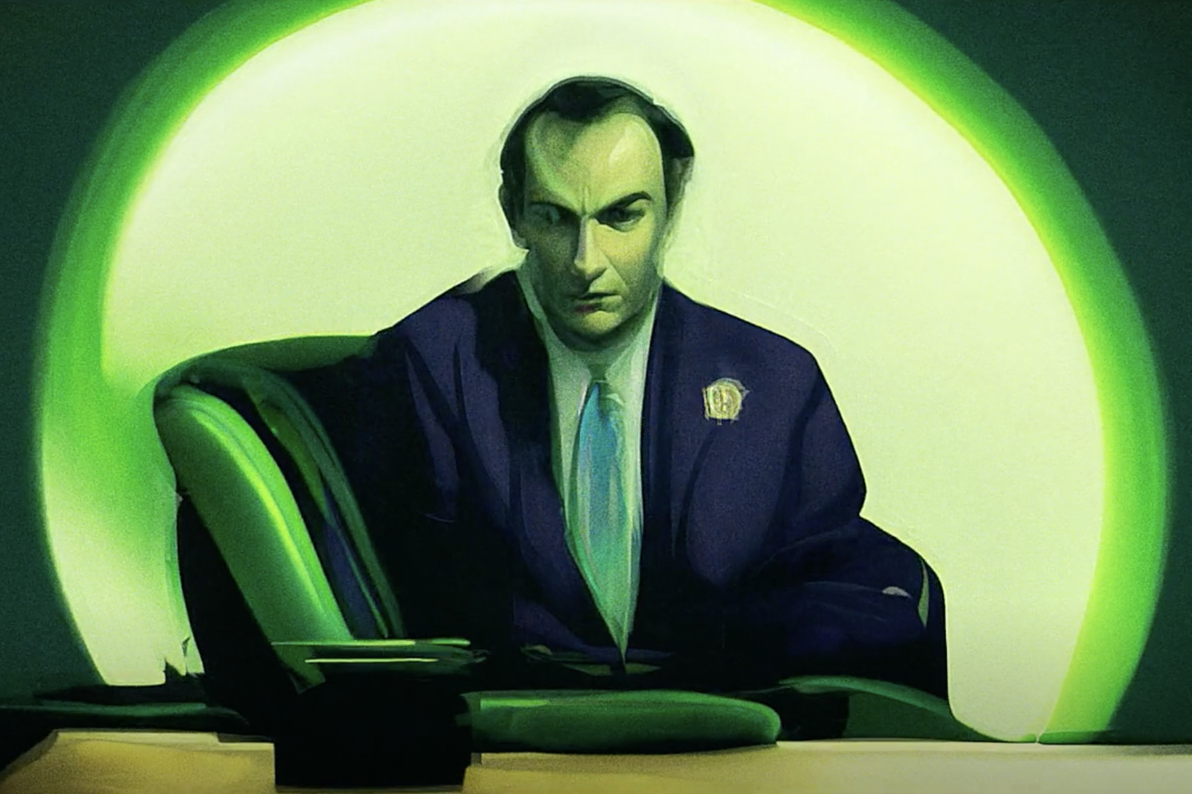 An ai-generated image meant to look like a green hued oil painting of a man with a smudged face wearing a blue suit and sitting as a desk.
