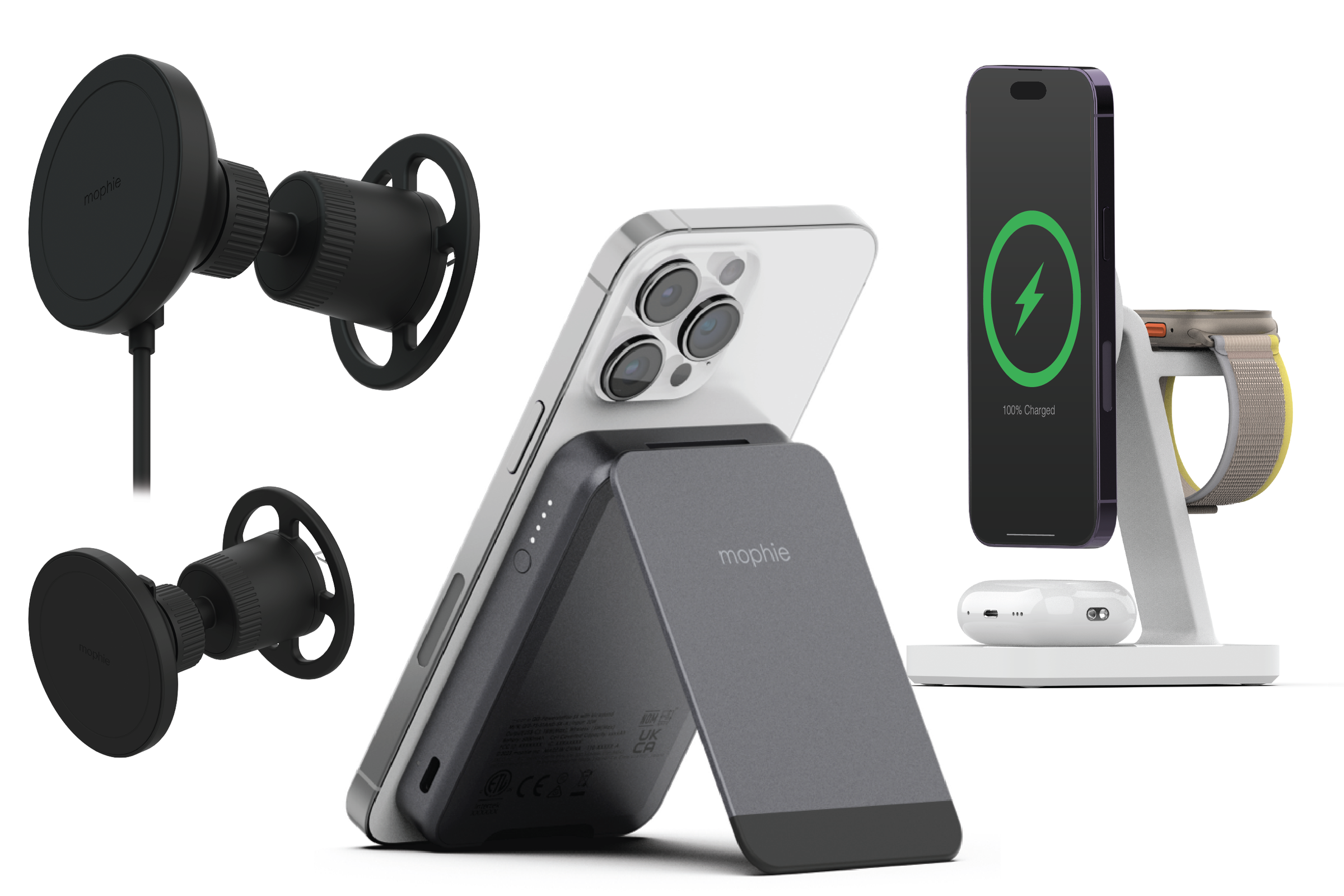 A collage of Mophie’s new Wireless charging stands and mounts, with the new Snap Plus Powerstation Mini stand in the center, the 3-in-1 stand on the right, and the two magnetic vent mounts on the left.