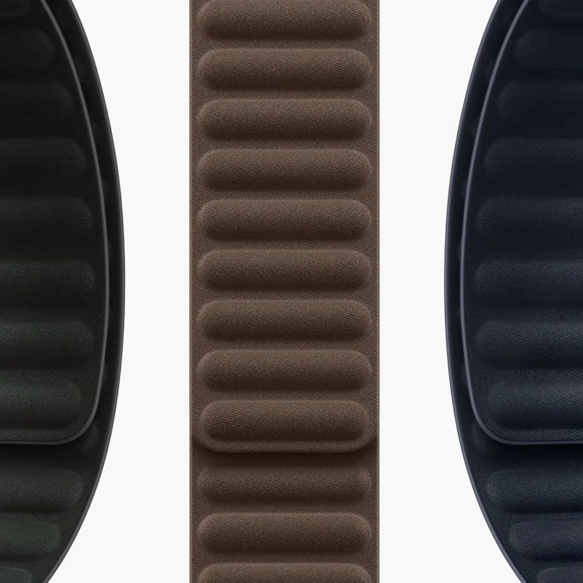 Close-up views of three colors of Apple Watch’s new FineWoven bands, on a white background.