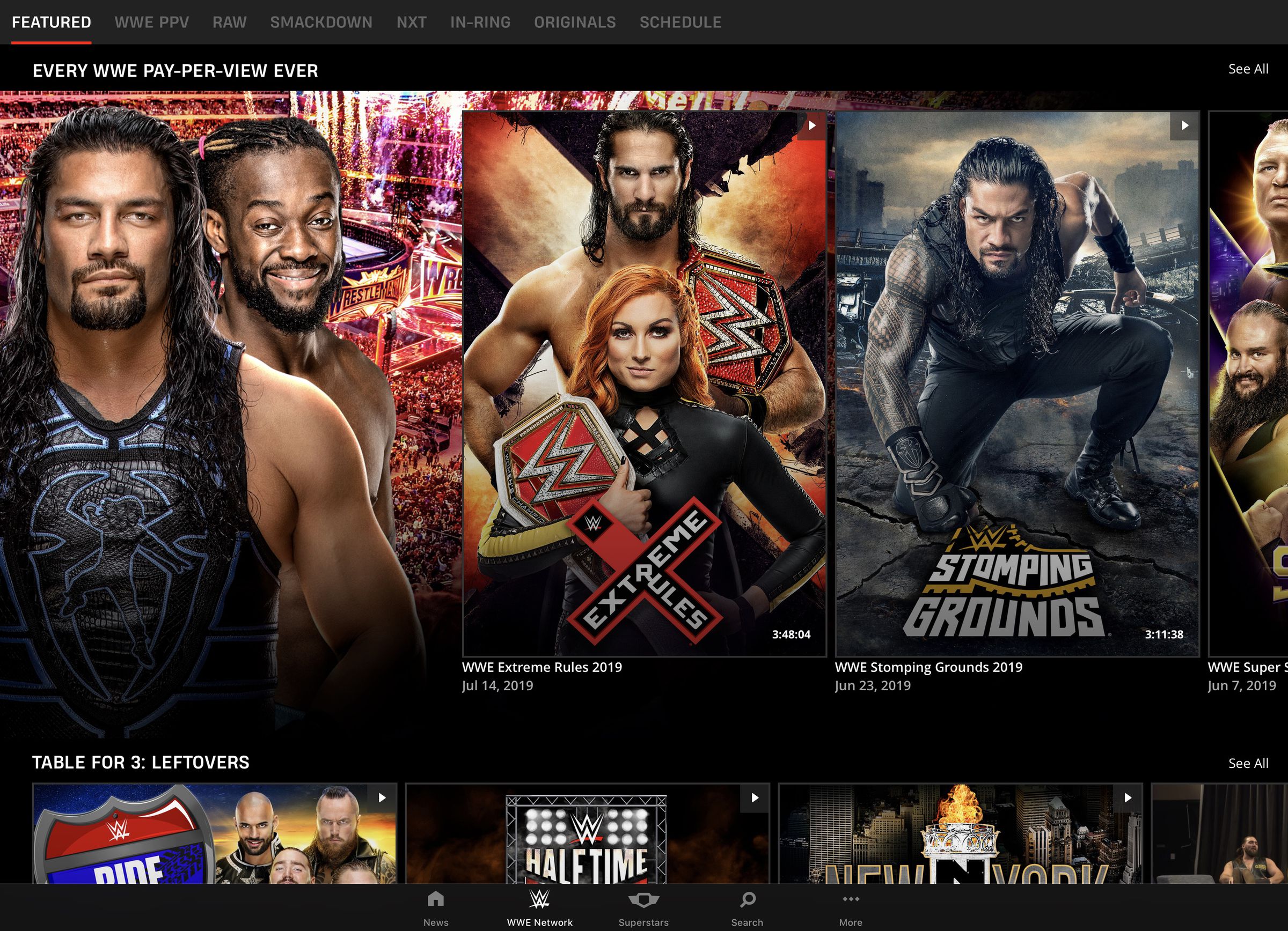 The new WWE Network experience on an iPad.
