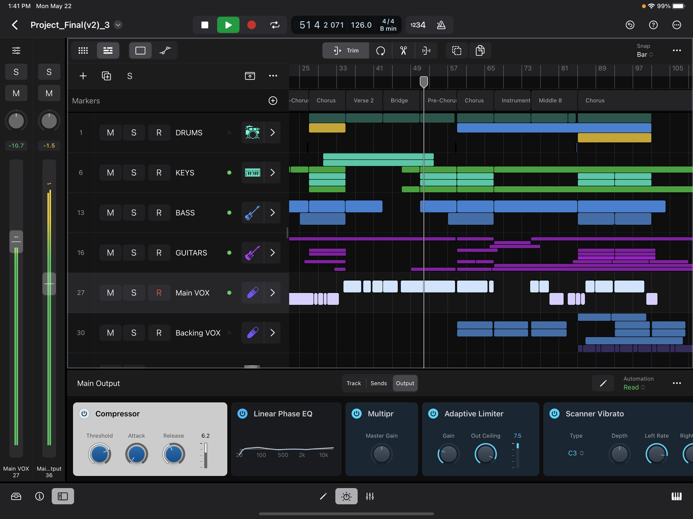A screenshot of Logic Pro for the iPad playing a song with the editor and plugin windows open
