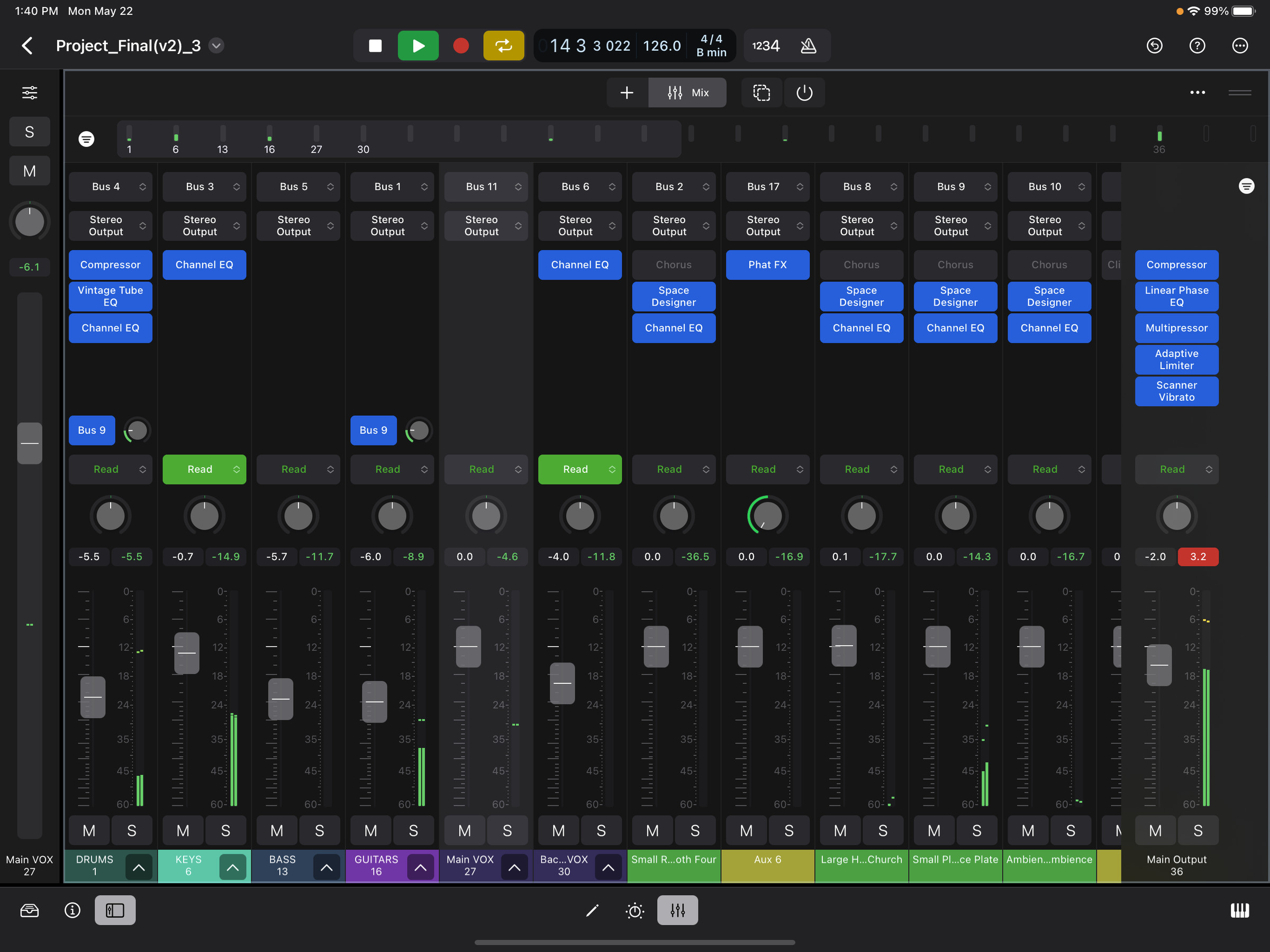 Screenshot of the mixer window in Logic Pro with multiple tracks and sends. 