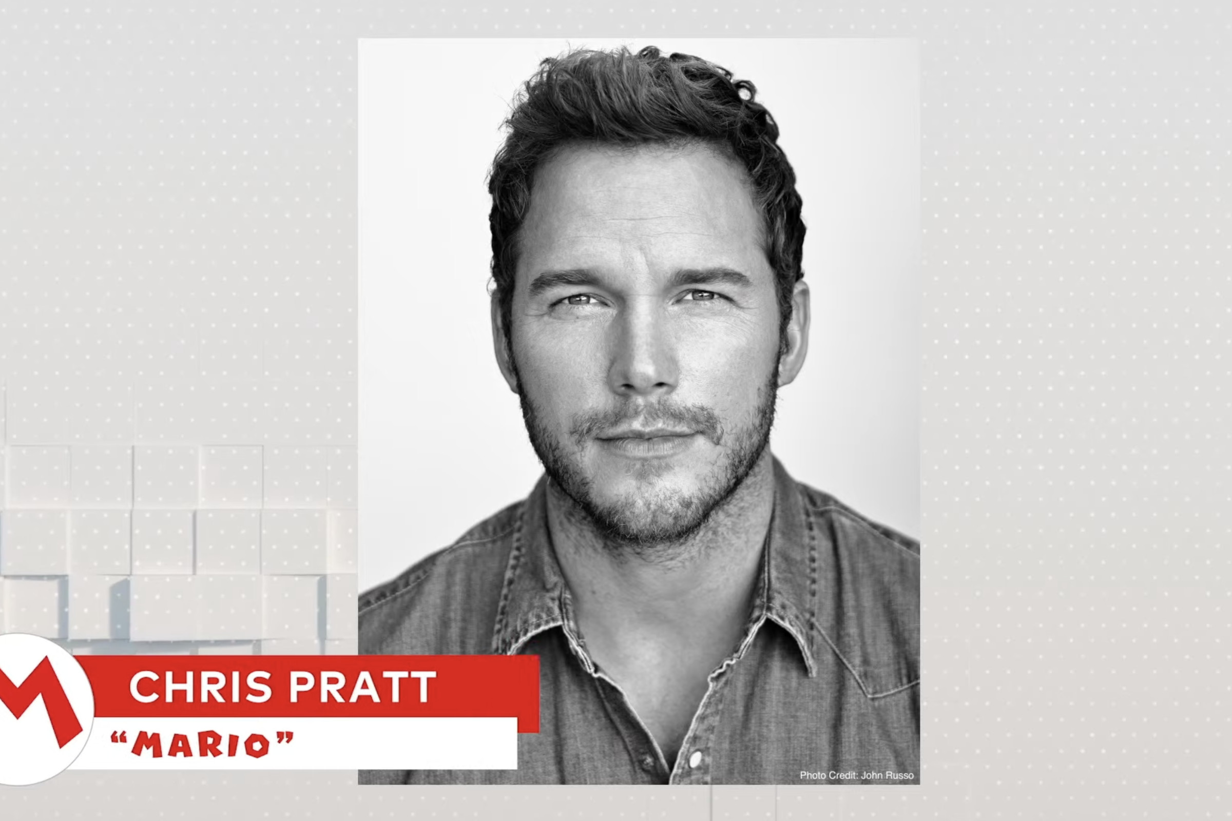Chris Pratt’s black and white headshot is behind a small notice saying that he will be starring as Mario in the Mario movie.