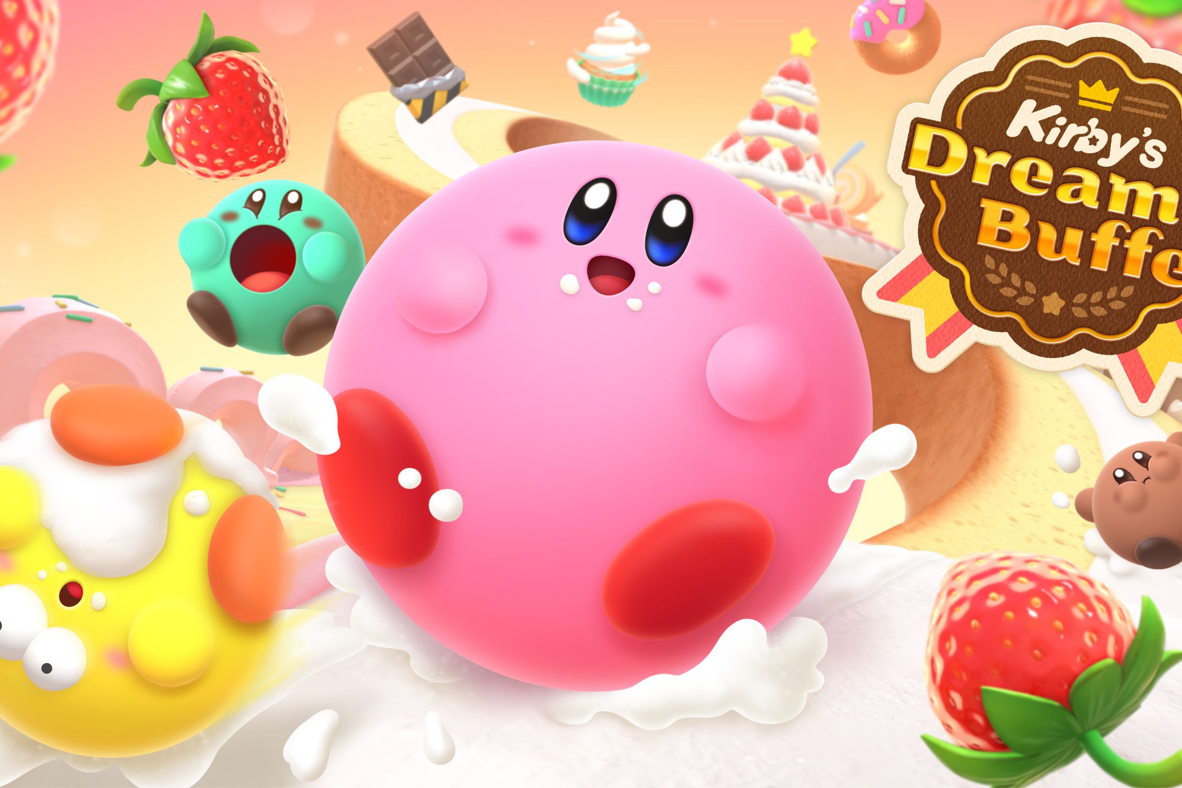 Box art from Nintendo Switch game Kirby’s Dream Buffet featuring four rotund Kirbys of different colors cavorting on a game course made of different kinds of sweets.