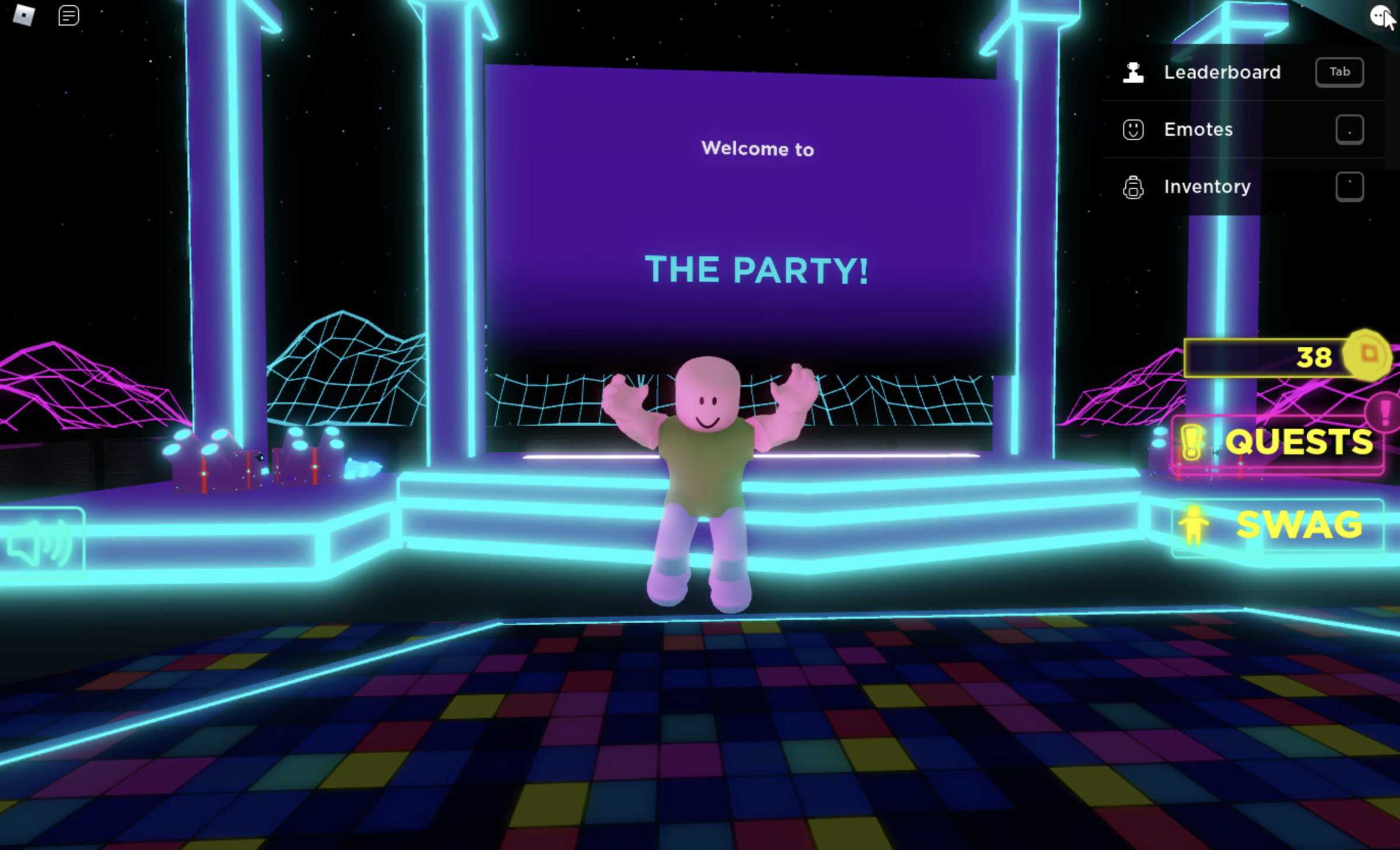 My Roblox avatar in a psychedelic party space.