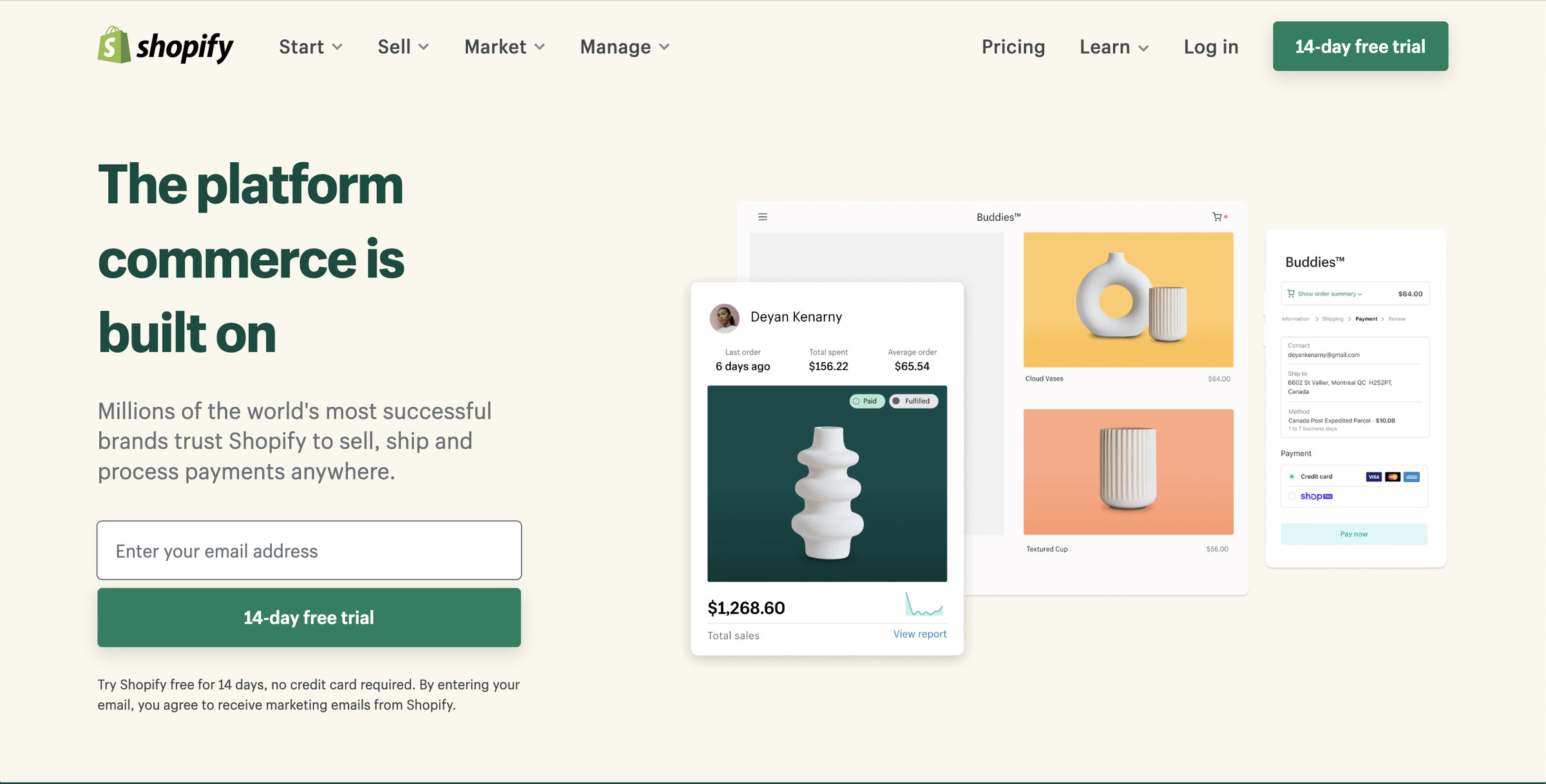 The Shopify front page; on the right it reads “The platform commerce is built on” and on the left two boxes showing small white vases.