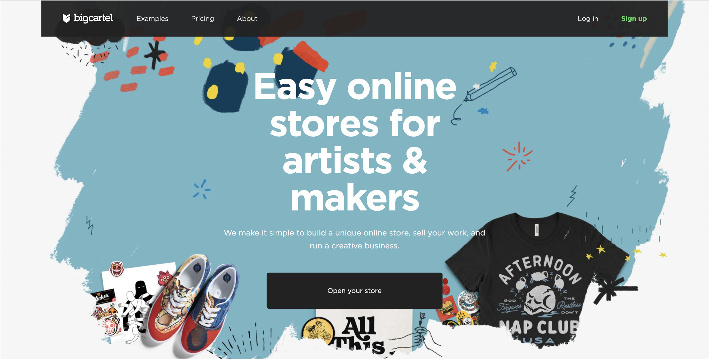 The Big Cartel front page with the title “Easy online stores for artists and makers” with sneakers and a teeshirt below it