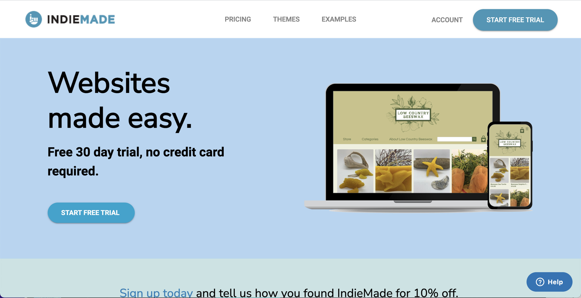 The IndieMade front page with a title “Websites made easy” on the left, and a photo of a laptop and a phone on the right.