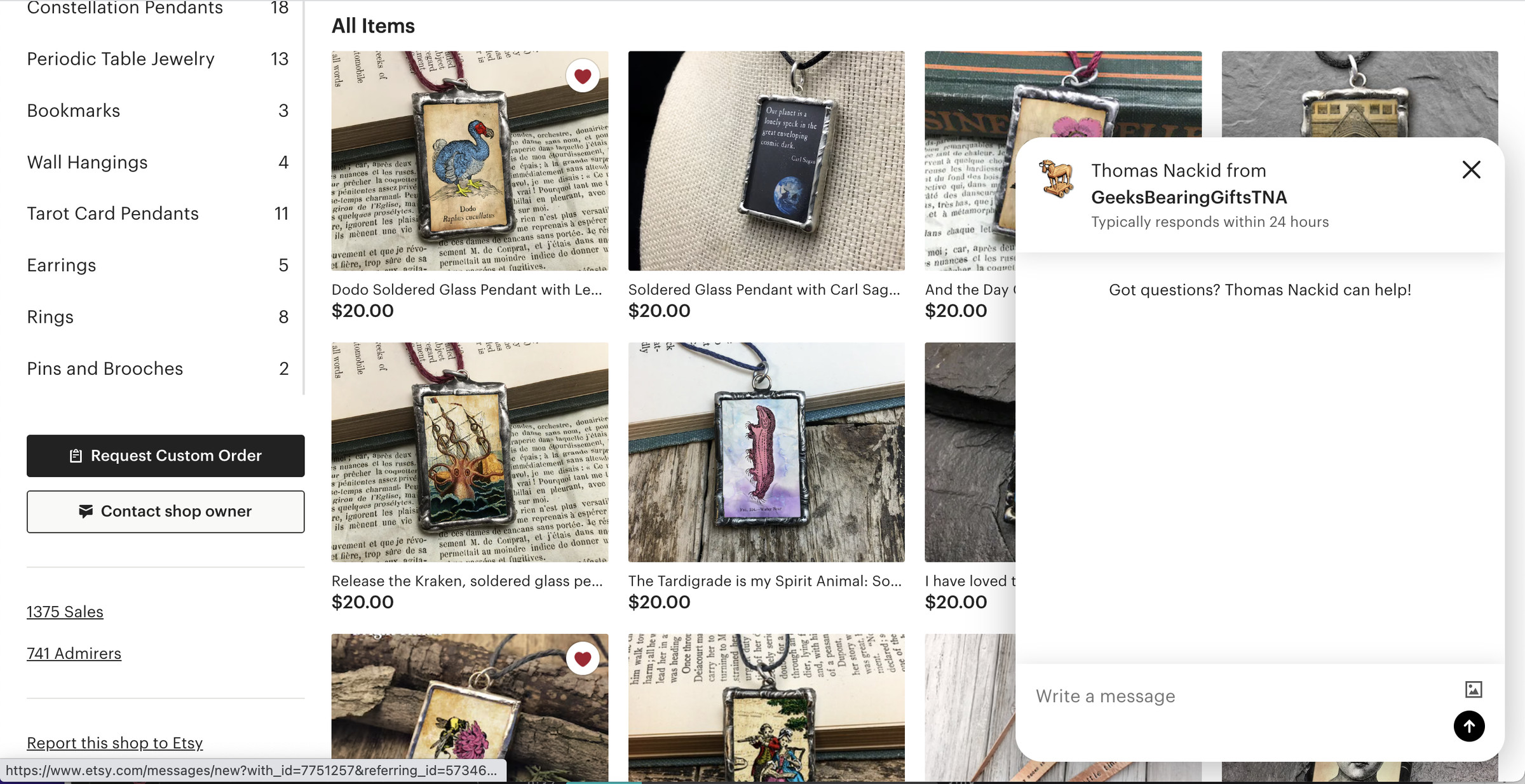 A page of Etsy listings with a menu on the left, square photos on the right, and a drop-down window for contacting the vendor.
