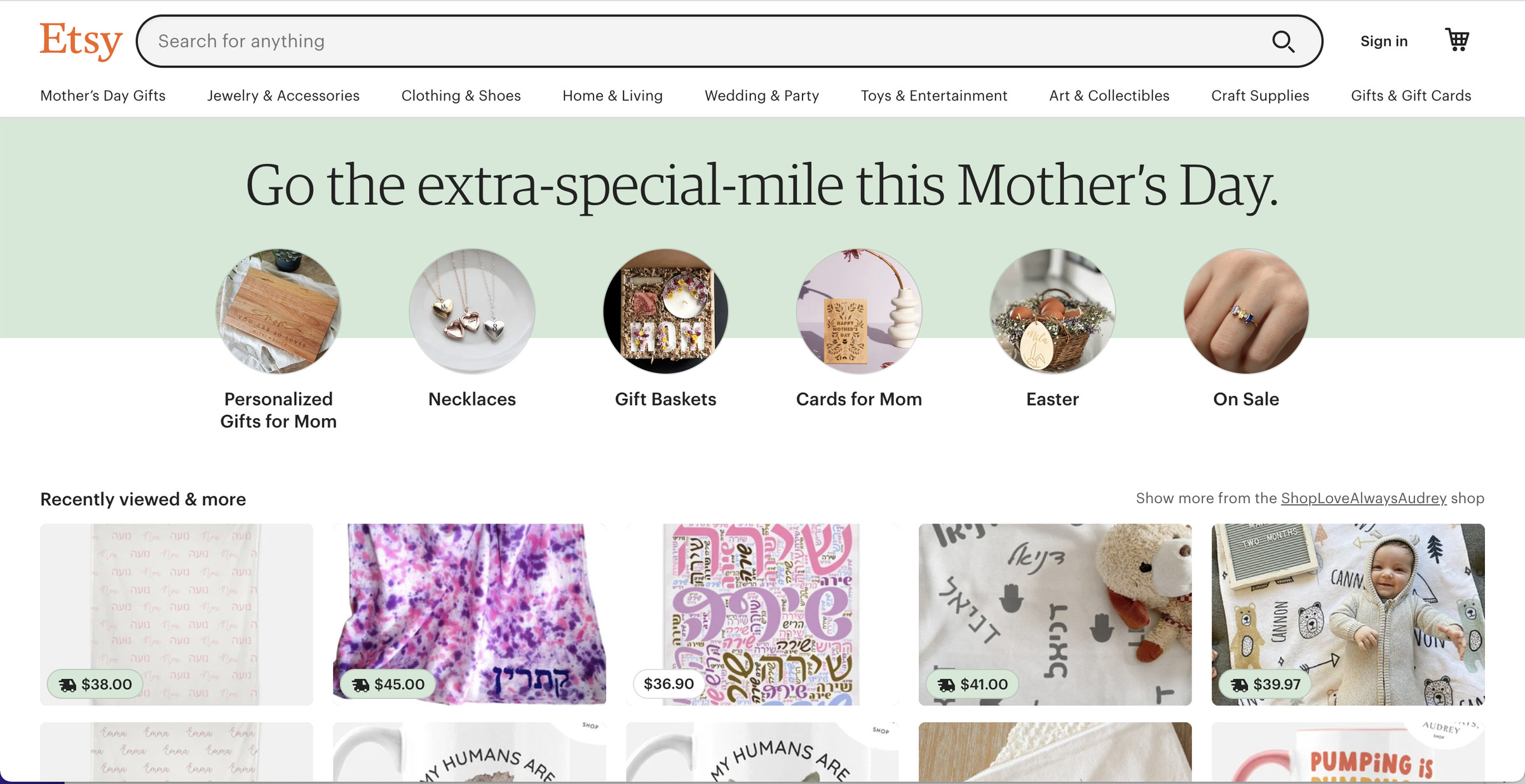The Etsy front page reading “Go the extra-special-mile this Mother’s Day” together with round photos of various gift categories, and square photos underneath.